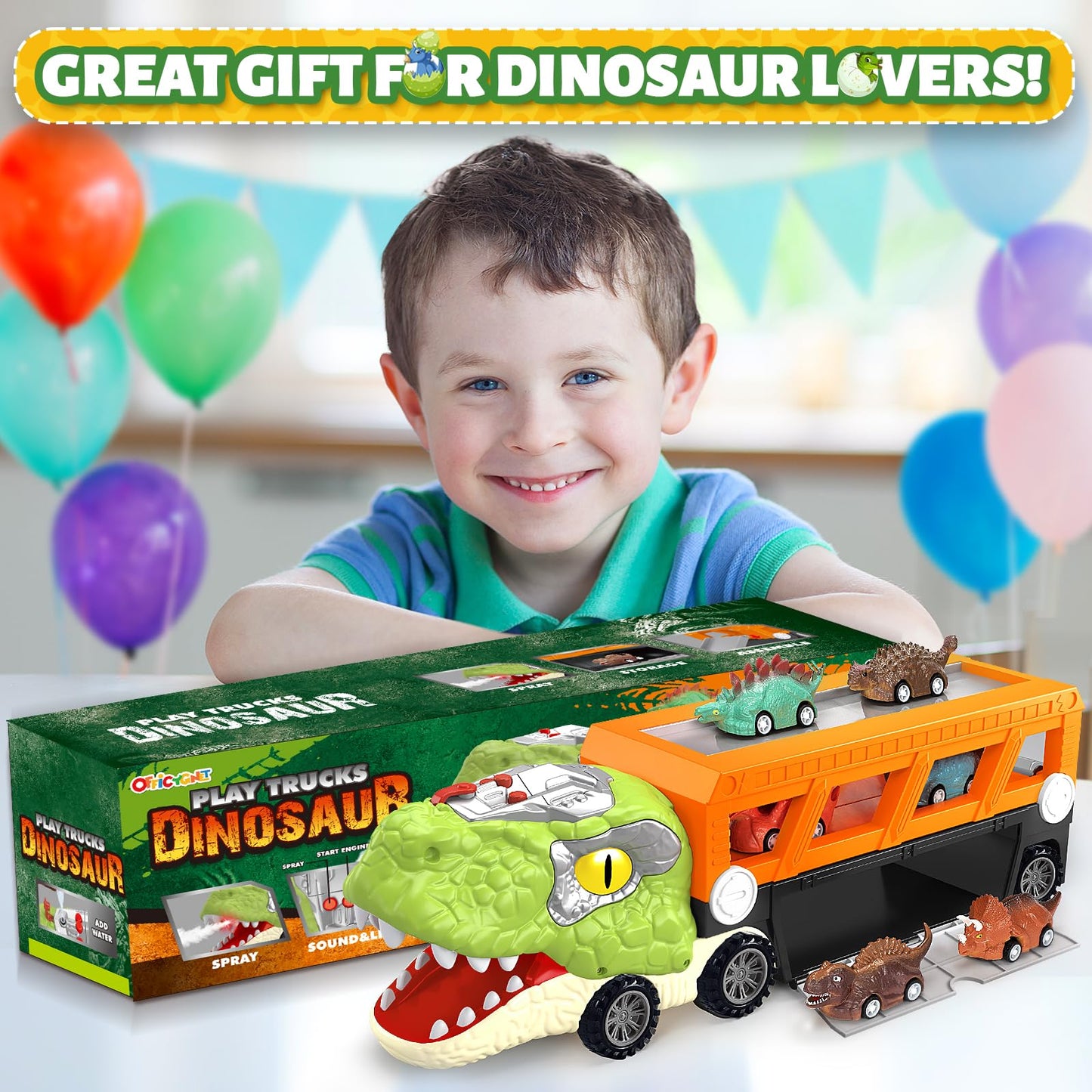 Officygnet 11-in-1 Dinosaur Carrier Truck with T-Rex Mist, Lights & 10 Mini Cars