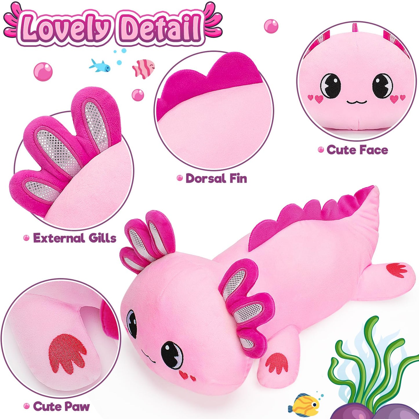 Officygnet Axolotl Plush — 13-Inch Pink Cute Plush Toy for Kids | Soft Pillow-Like Axolotl Plushies