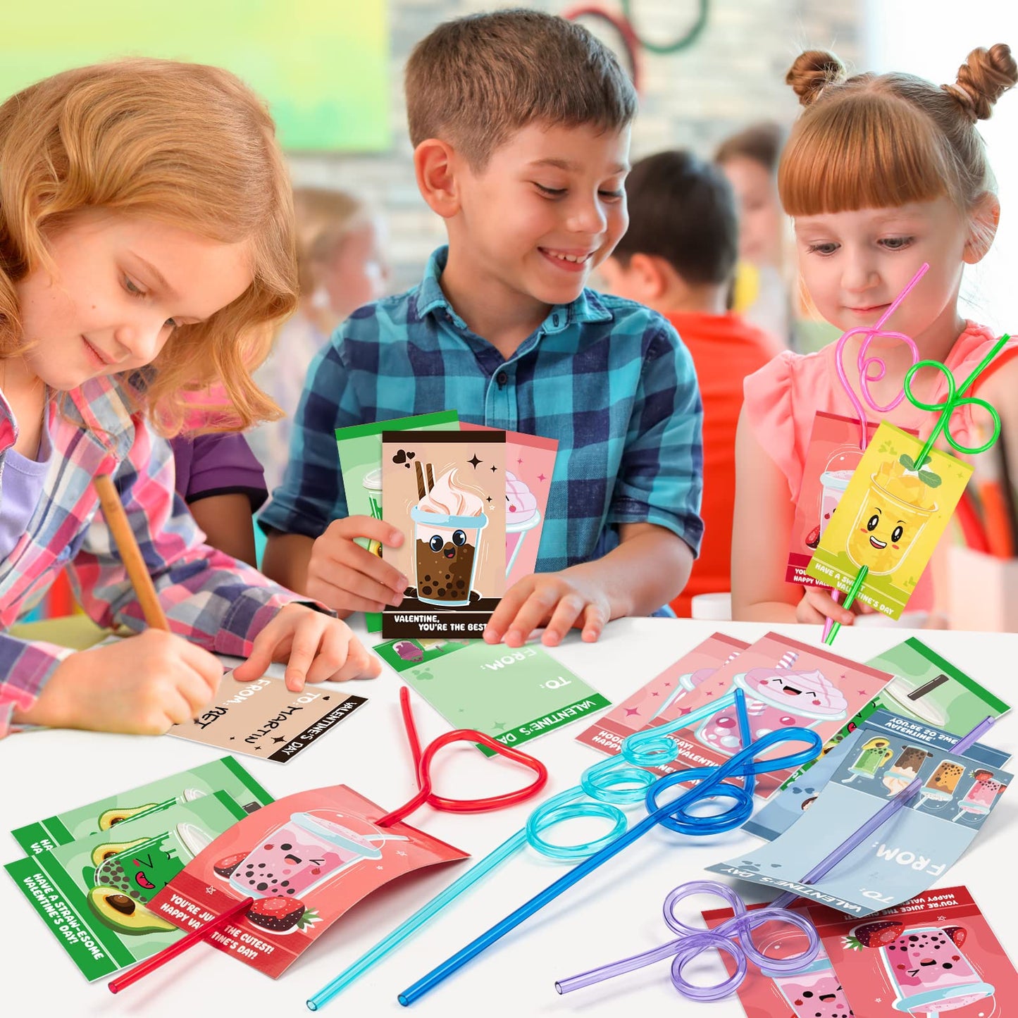Officygnet Valentines Day Cards with 32 Reusable Straws — Classroom Gifts & Party Favors