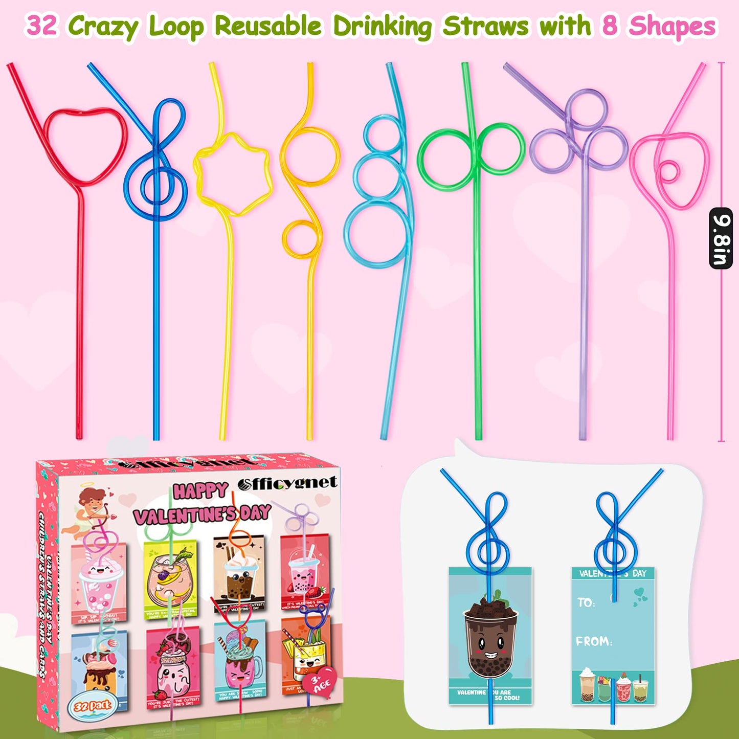 Officygnet Valentines Day Cards with 32 Reusable Straws — Classroom Gifts & Party Favors