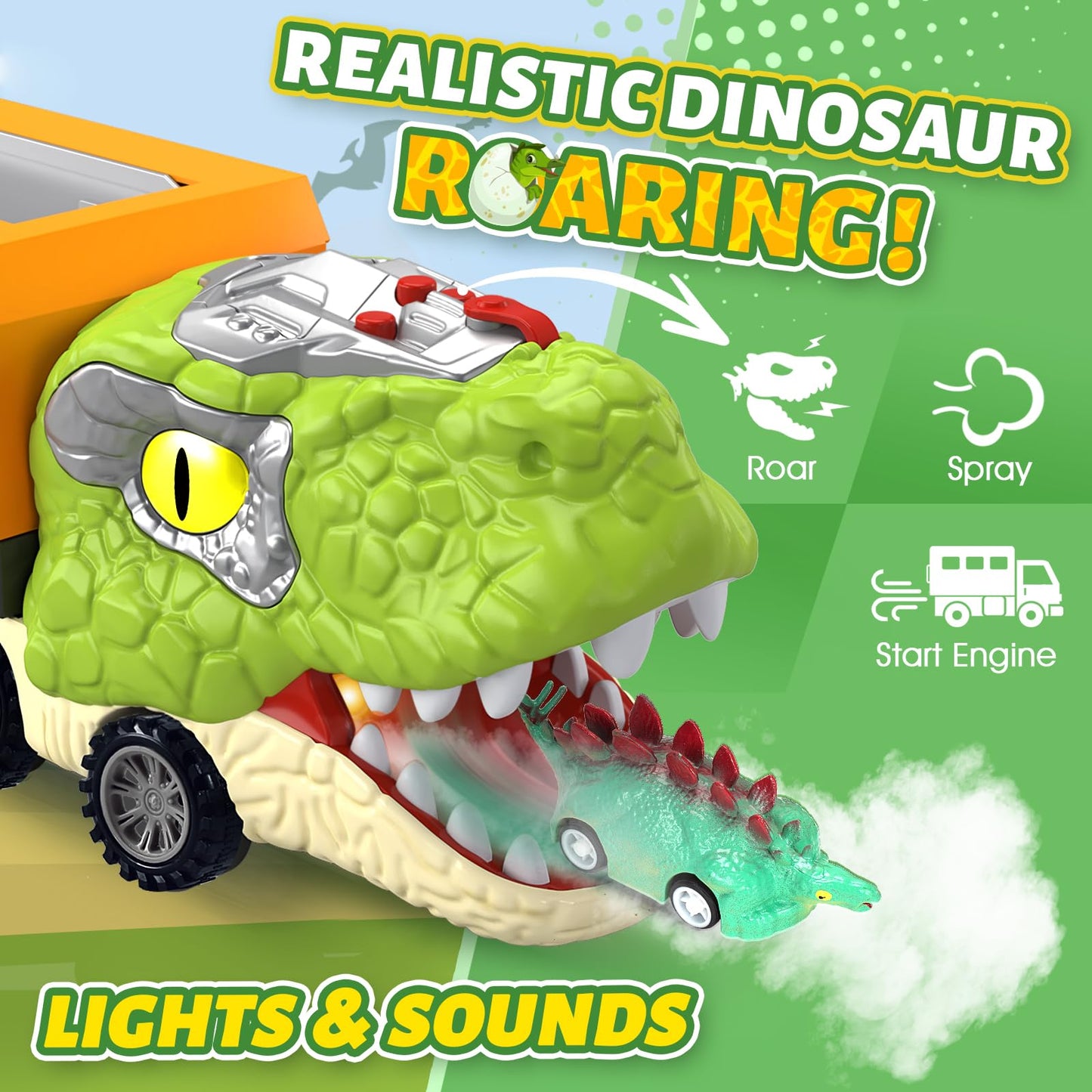 Officygnet 11-in-1 Dinosaur Carrier Truck with T-Rex Mist, Lights & 10 Mini Cars