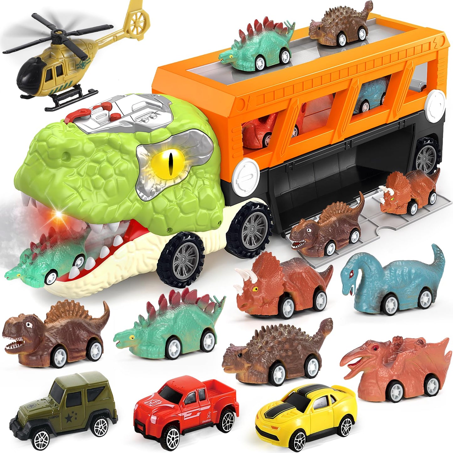 Officygnet 11-in-1 Dinosaur Carrier Truck with T-Rex Mist, Lights & 10 Mini Cars