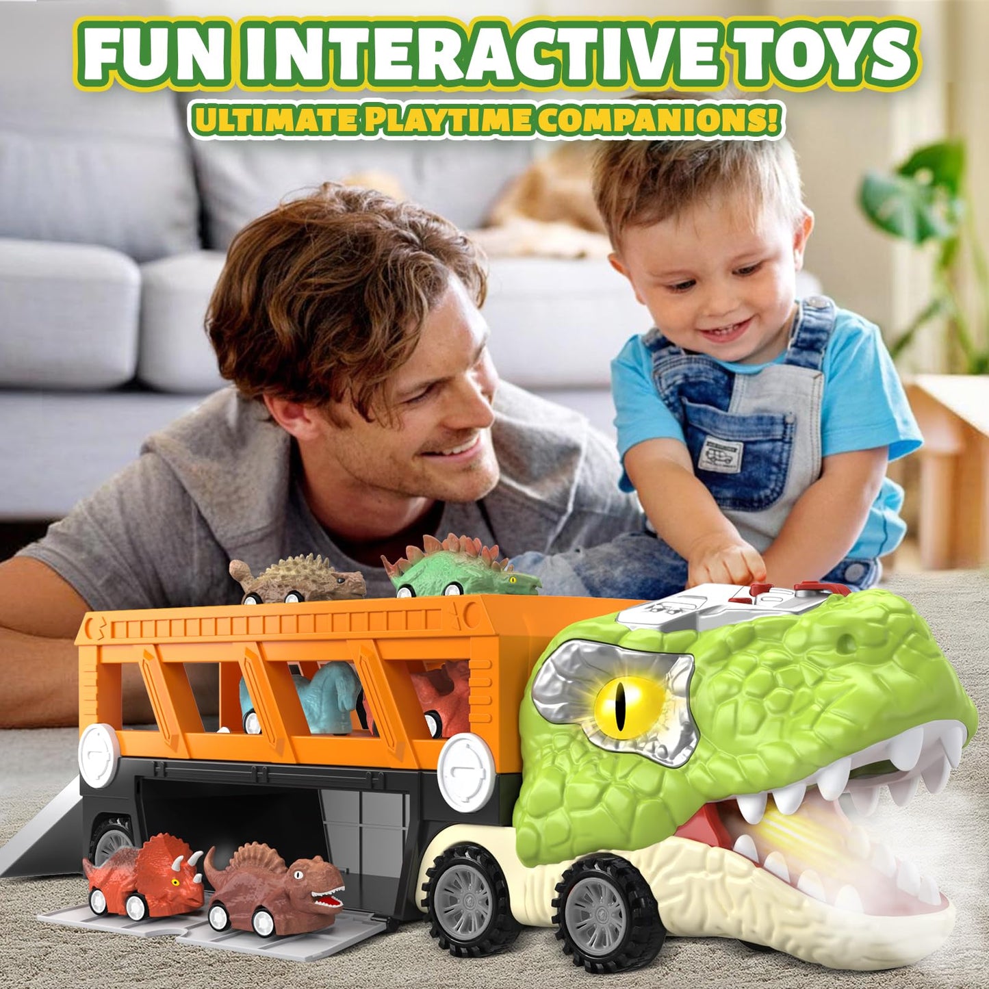 Officygnet 11-in-1 Dinosaur Carrier Truck with T-Rex Mist, Lights & 10 Mini Cars