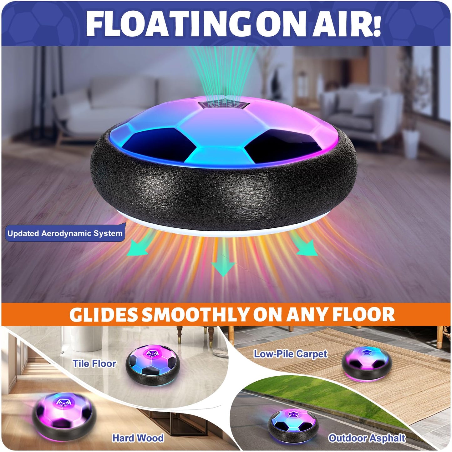 Officygnet 2 Pack LED Hover Soccer Balls — Indoor Glow Soccer Toys for Kids 4-12