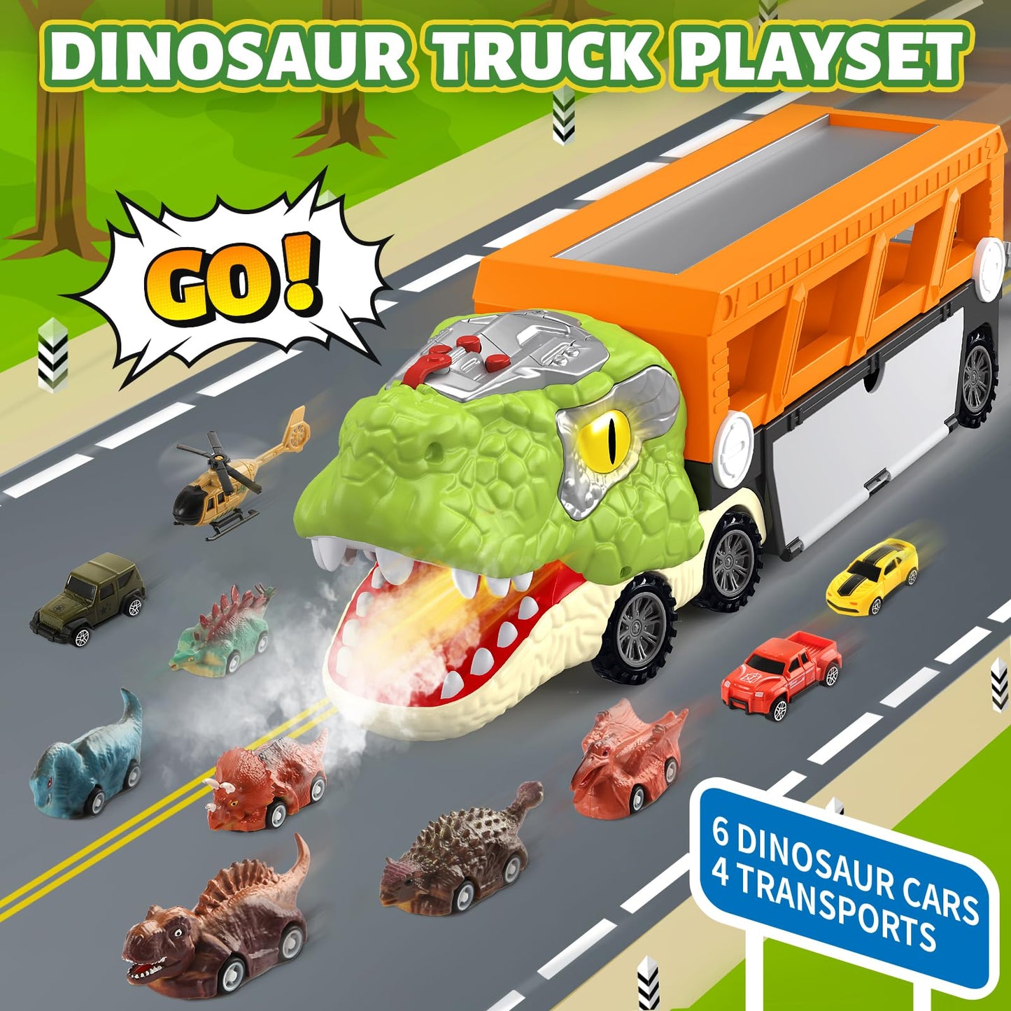 Officygnet 11-in-1 Dinosaur Carrier Truck with T-Rex Mist, Lights & 10 Mini Cars