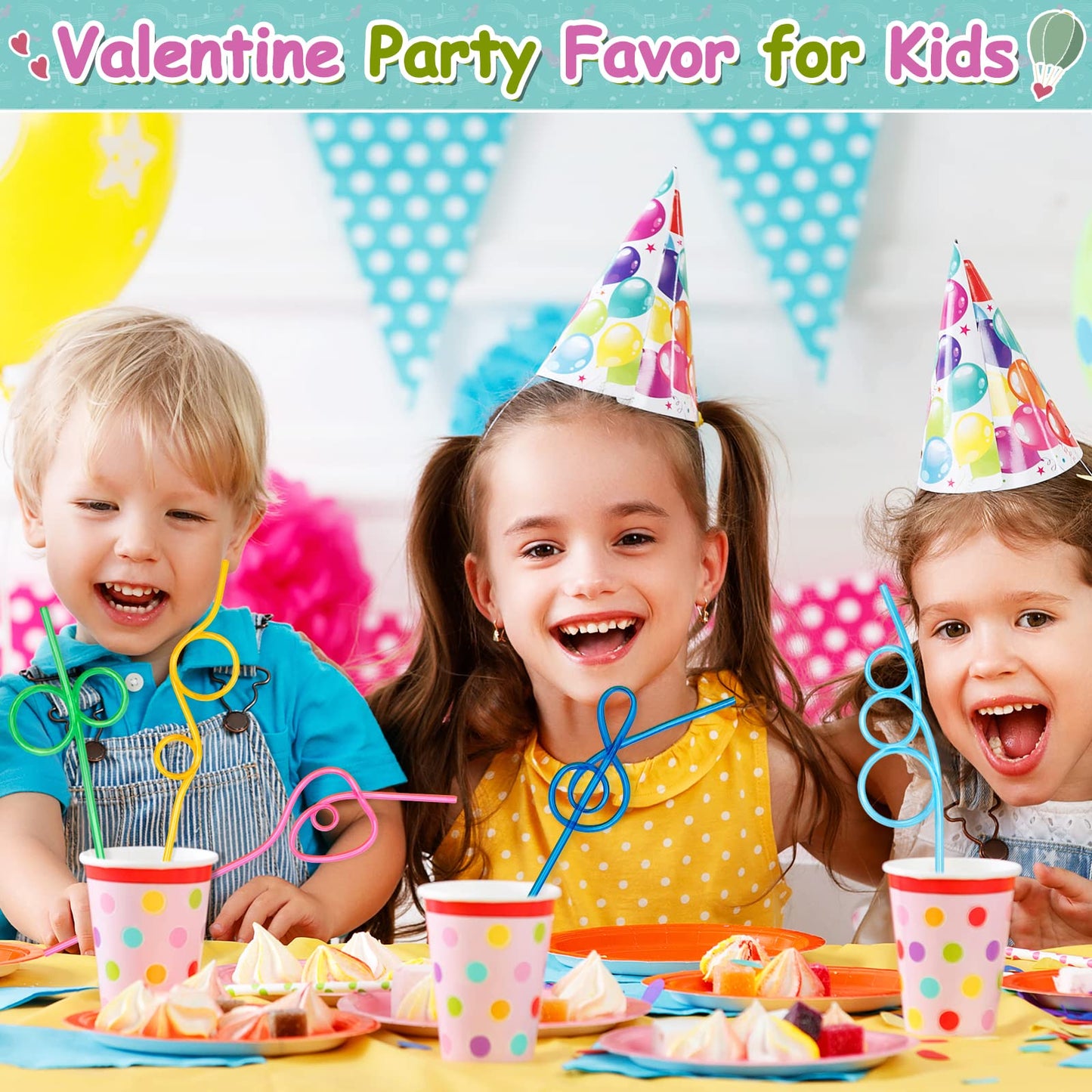 Officygnet Valentines Day Cards with 32 Reusable Straws — Classroom Gifts & Party Favors