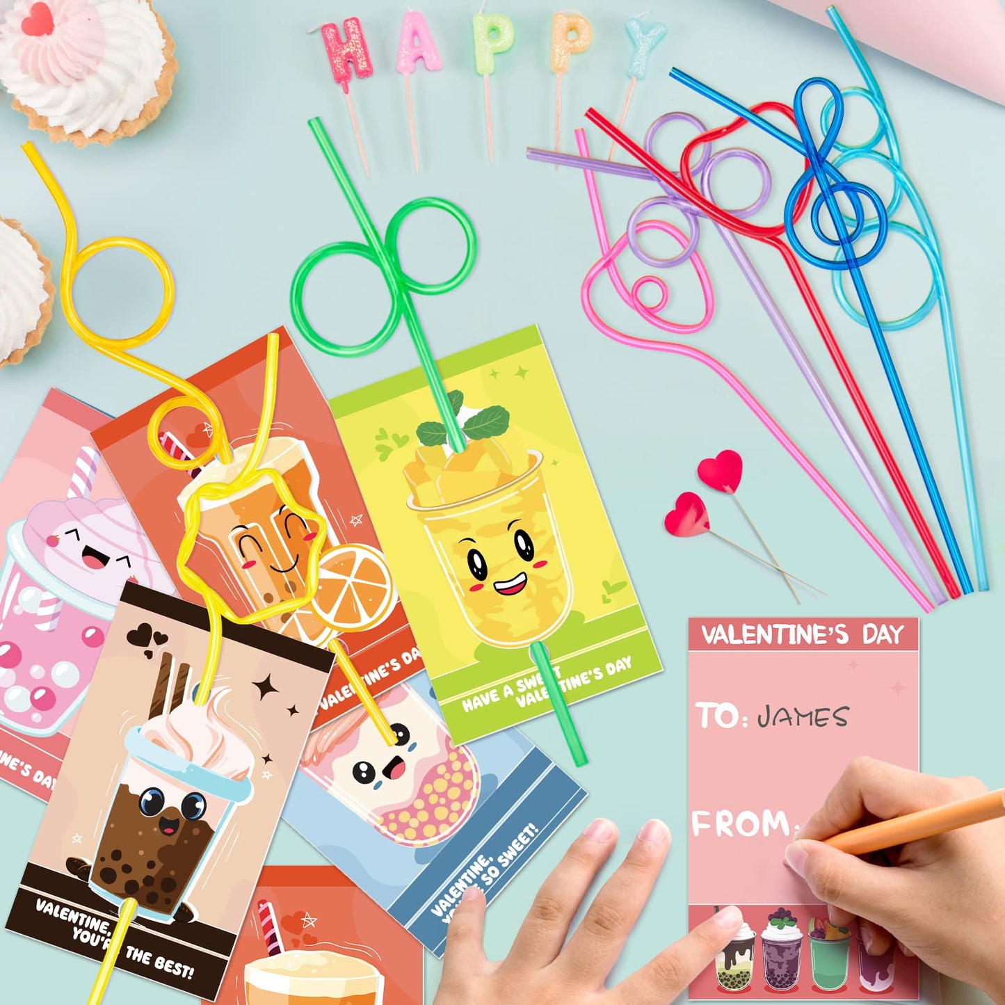 Officygnet Valentines Day Cards with 32 Reusable Straws — Classroom Gifts & Party Favors