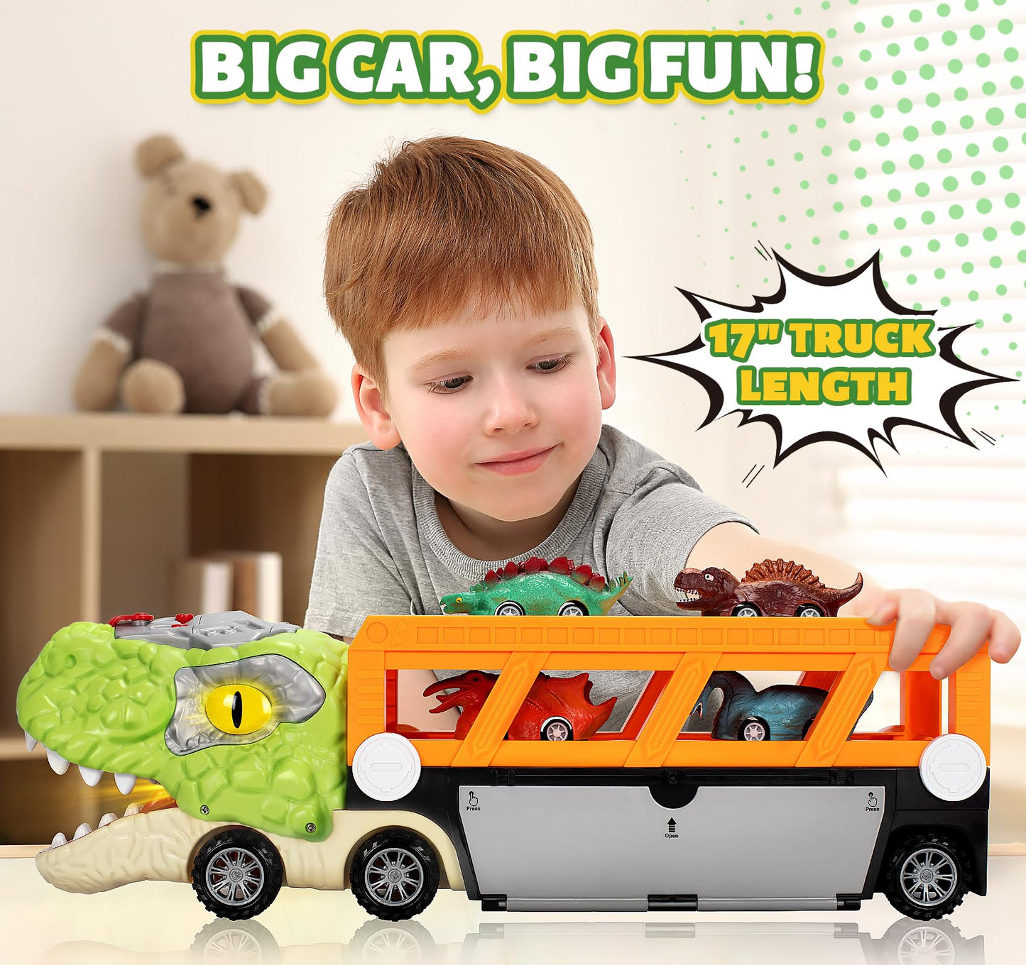 Officygnet 11-in-1 Dinosaur Carrier Truck with T-Rex Mist, Lights & 10 Mini Cars