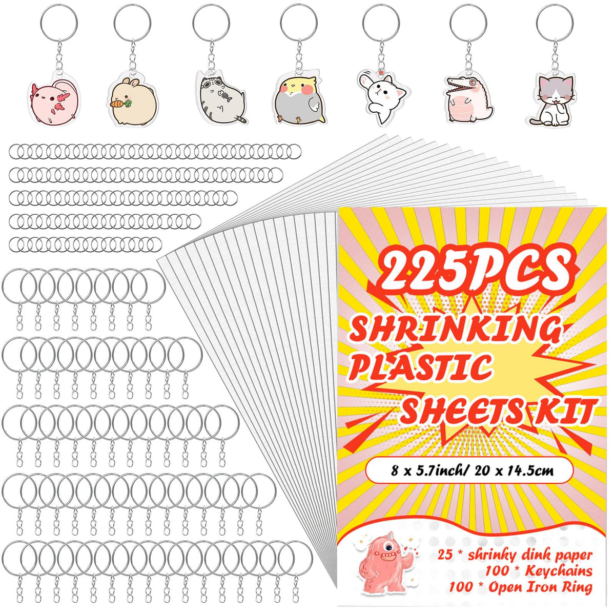 OFNMY 225PCS Shrinky Dink Sheets Kit – 25 Shrinky Sheets, 100 Keychains & 100 Rings for Kids Crafts
