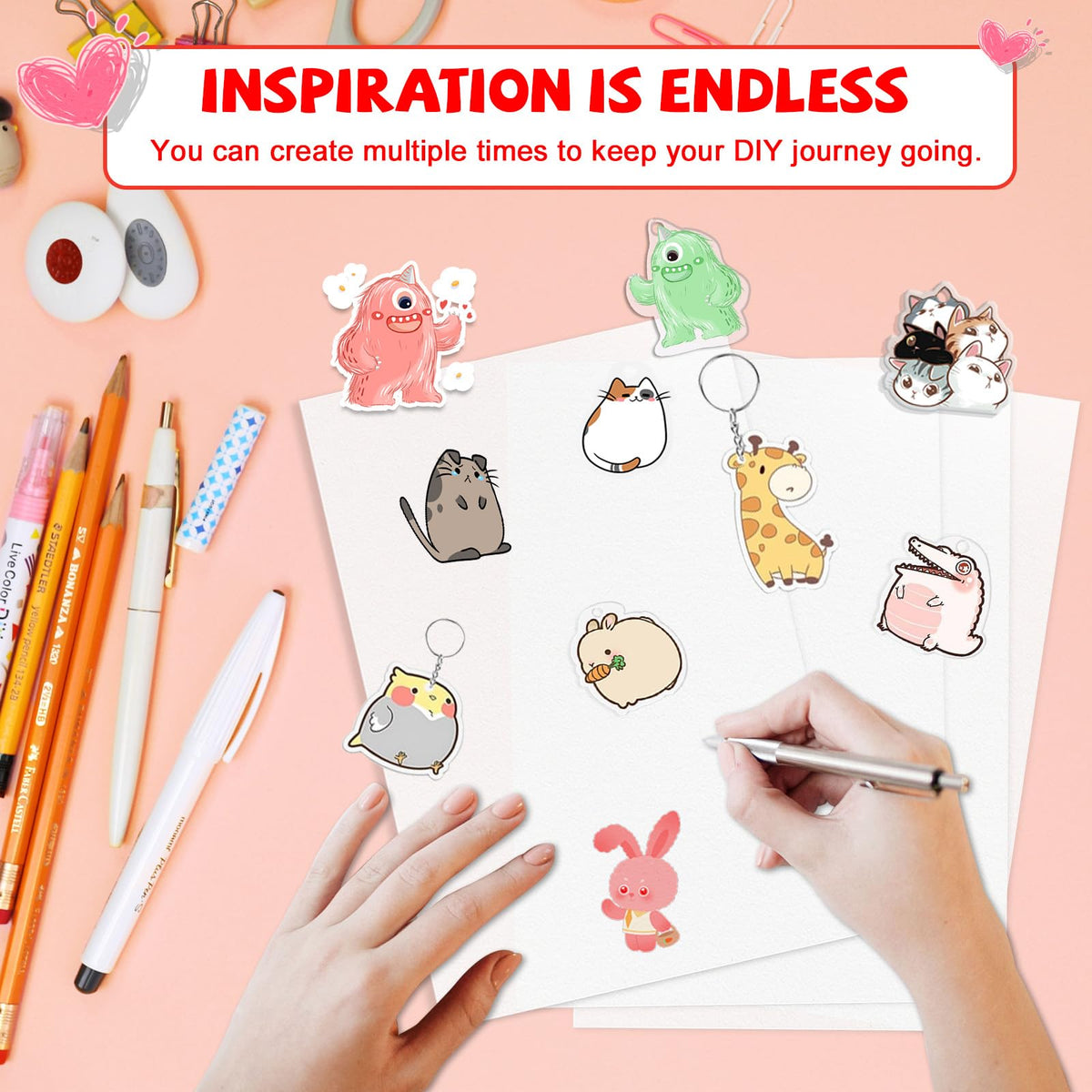 OFNMY Printable Shrinky Dink Sheets Kit – 225 PCS, 25 Printable Sheets, 100 Keychains & 100 Rings