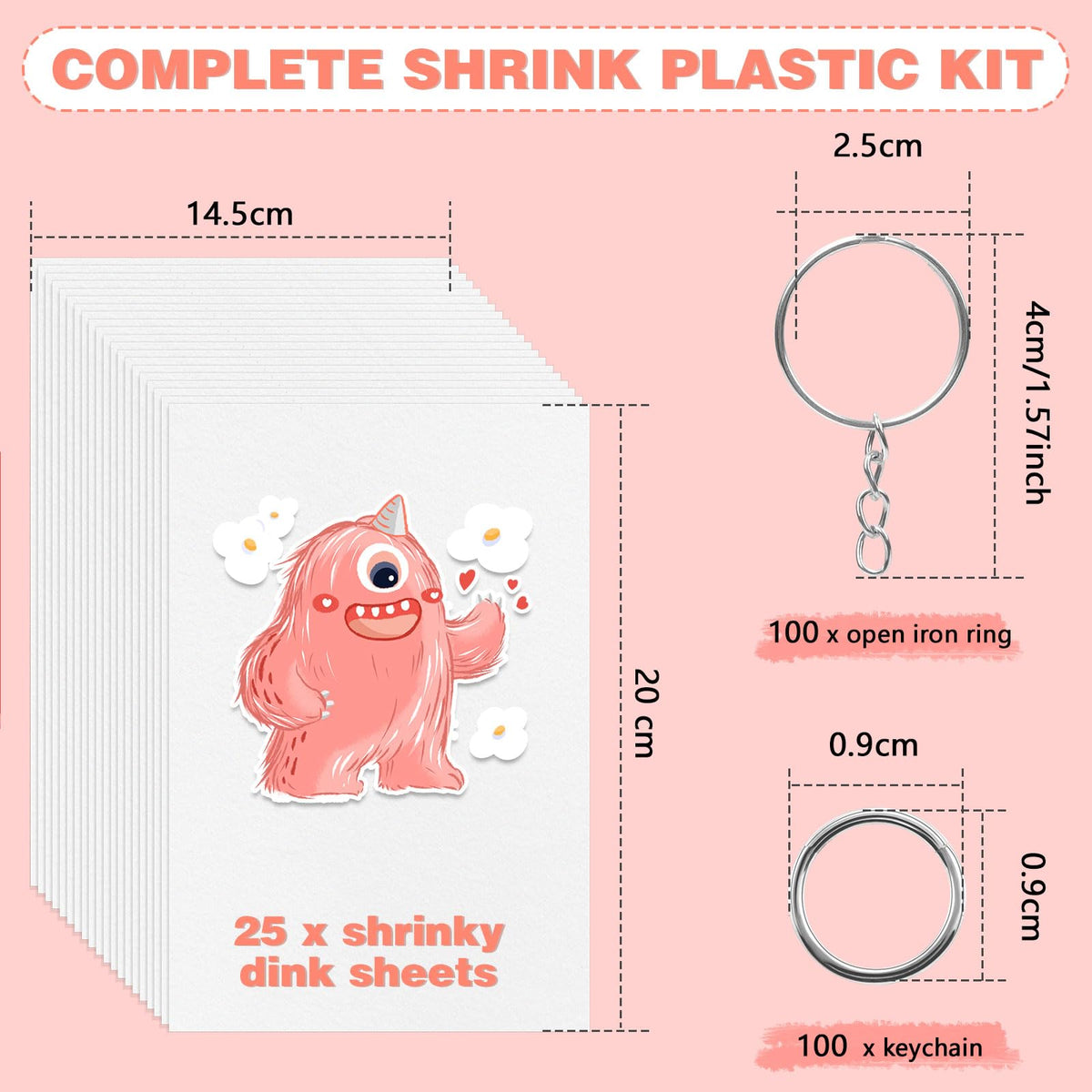OFNMY 225PCS Shrinky Dink Sheets Kit – 25 Shrinky Sheets, 100 Keychains & 100 Rings for Kids Crafts