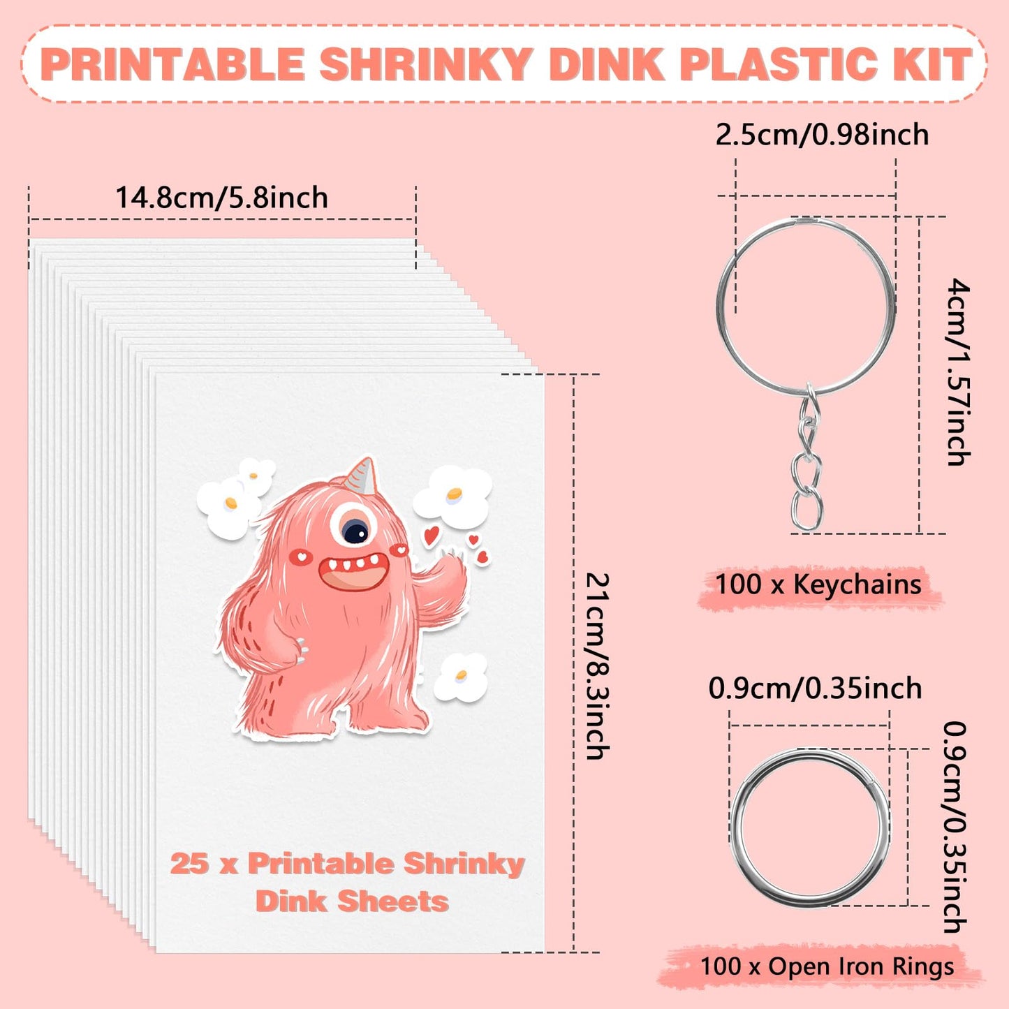 OFNMY Printable Shrinky Dink Sheets Kit – 225 PCS, 25 Printable Sheets, 100 Keychains & 100 Rings