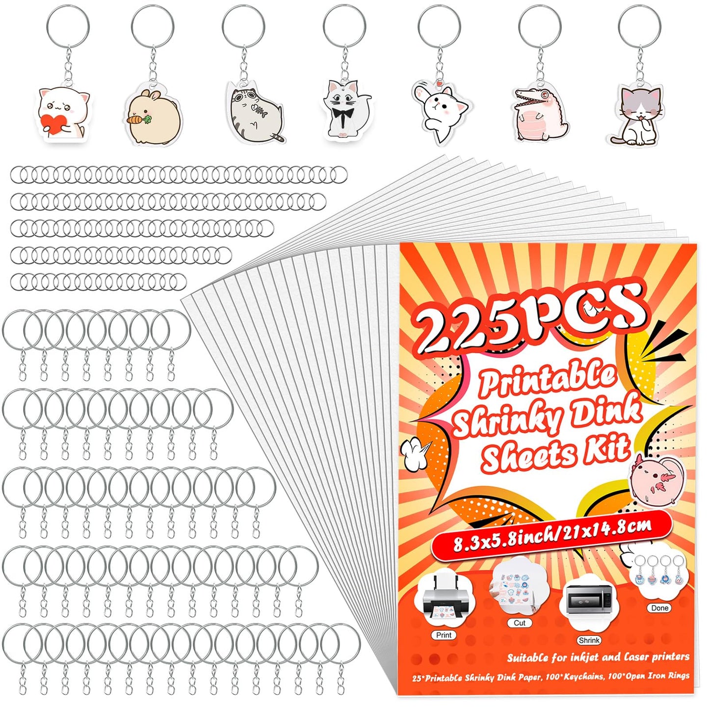 OFNMY Printable Shrinky Dink Sheets Kit – 225 PCS, 25 Printable Sheets, 100 Keychains & 100 Rings