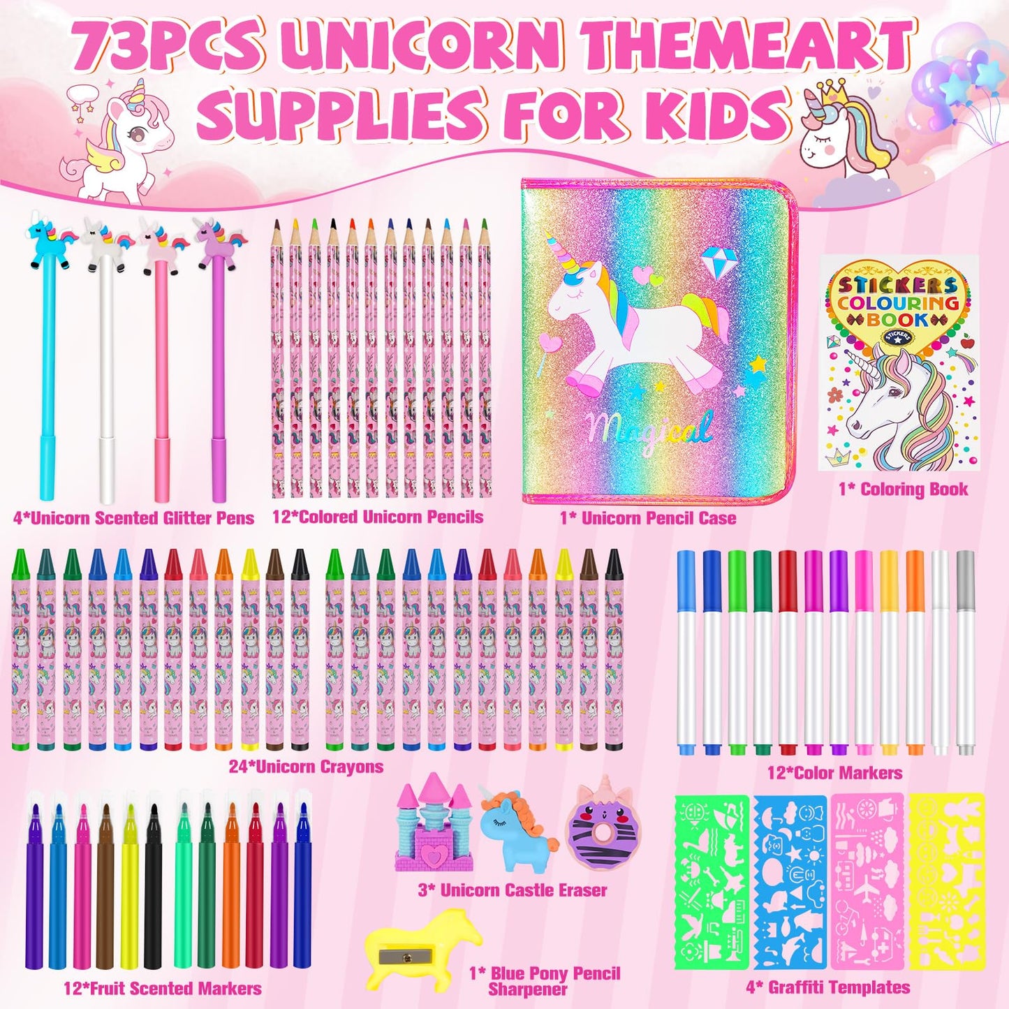 OFUSUY 73-Piece Unicorn Art Kit – Scented Markers & More for Kids