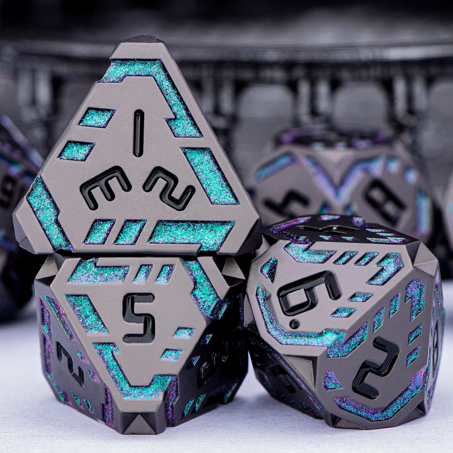 OGCOPHEN Metal DND Dice Set – 7-Piece Stripe Polyhedral Dice in Gift Box
