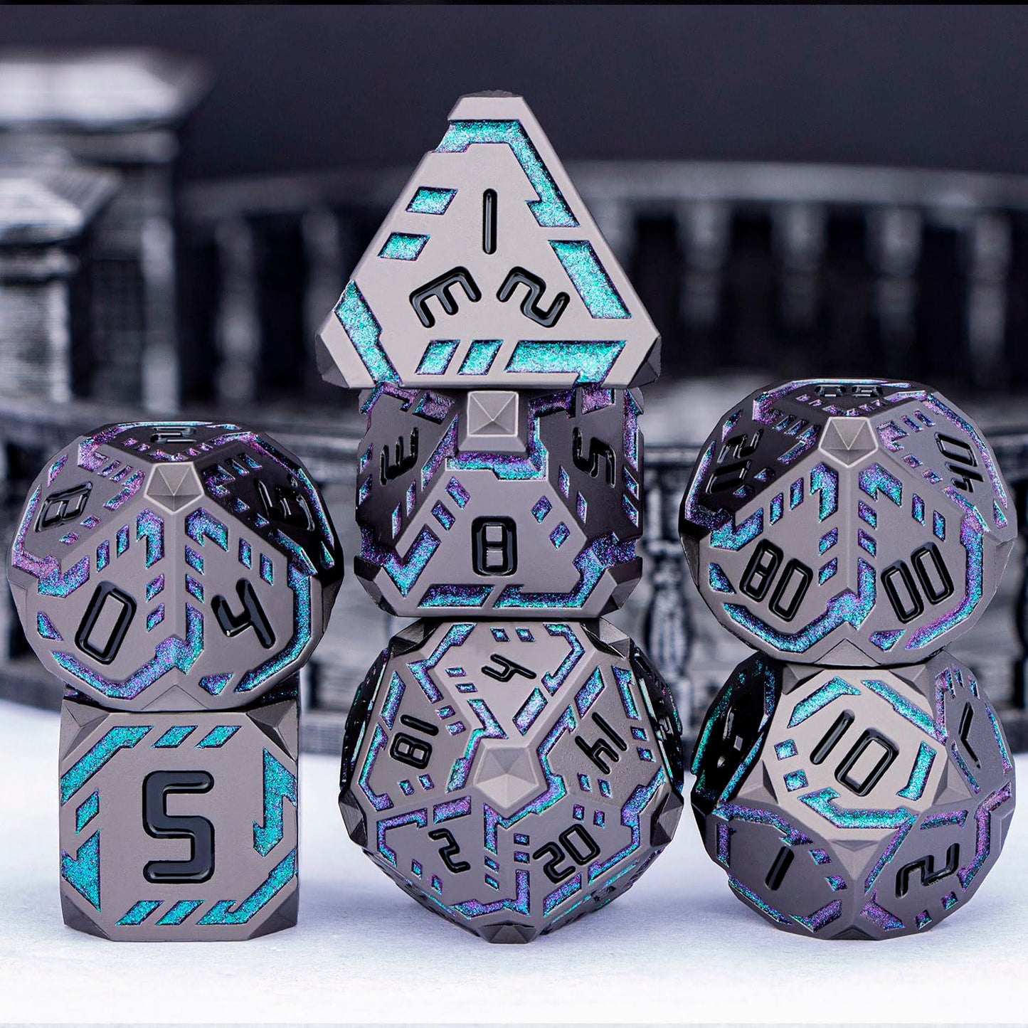 OGCOPHEN Metal DND Dice Set – 7-Piece Stripe Polyhedral Dice in Gift Box