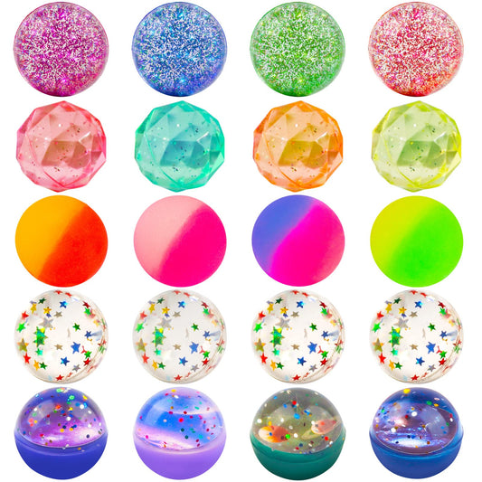 Ohanniewa Bouncy Balls – 20 Pieces, 5 Styles, 32mm Assorted Balls with Storage Bag