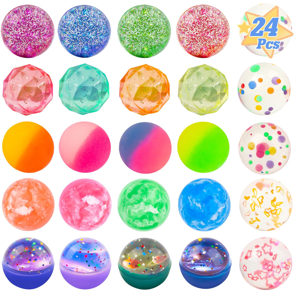 Ohanniewa Bouncy Balls for Kids – 24 Pieces, 7 Styles, 32 mm