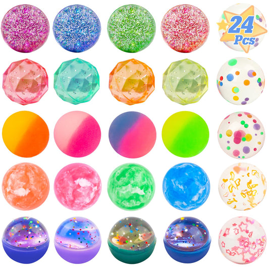 Ohanniewa Bouncy Balls for Kids – 24 Pieces, 7 Styles, 32 mm