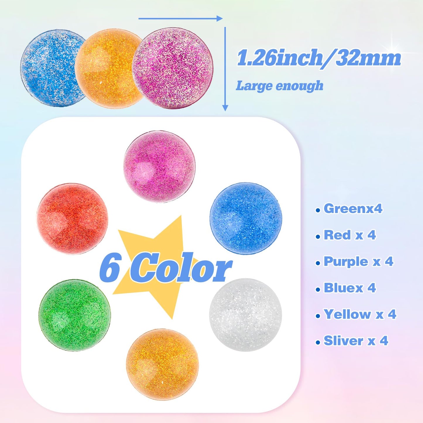 Ohanniewa 24 Pack Glitter Bouncy Balls – 32mm Rubber Balls in 6 Colors