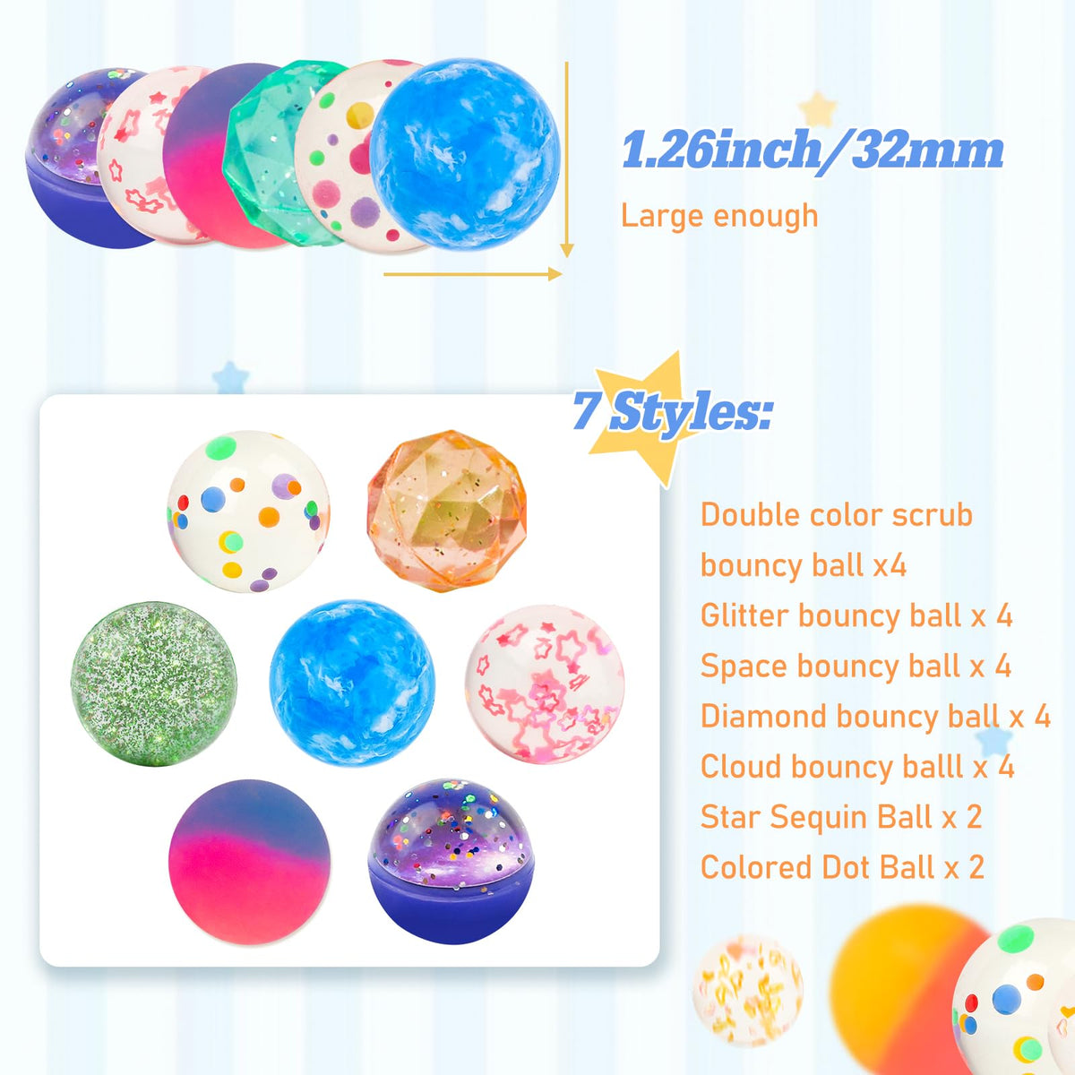 Ohanniewa Bouncy Balls for Kids – 24 Pieces, 7 Styles, 32 mm