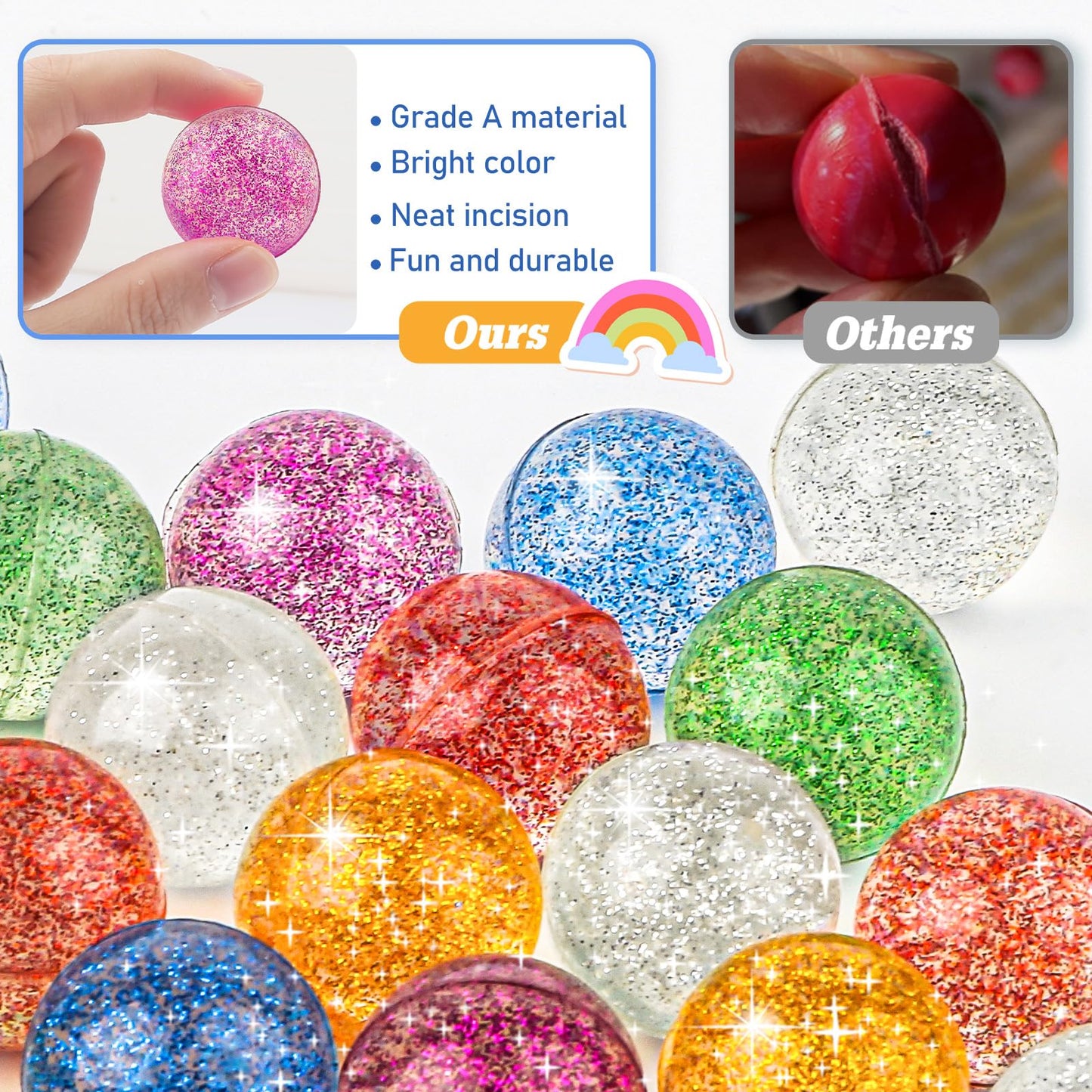Ohanniewa 24 Pack Glitter Bouncy Balls – 32mm Rubber Balls in 6 Colors