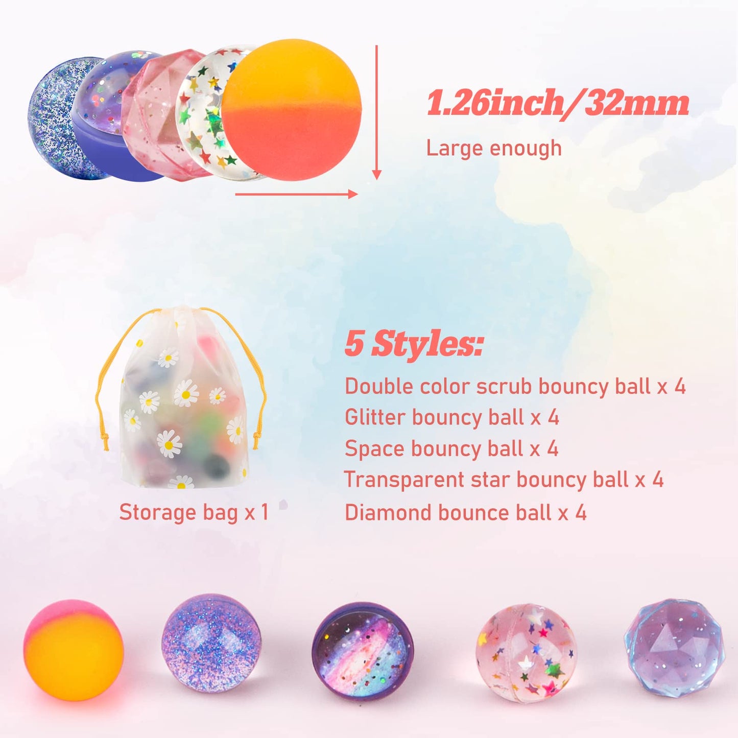 Ohanniewa Bouncy Balls – 20 Pieces, 5 Styles, 32mm Assorted Balls with Storage Bag