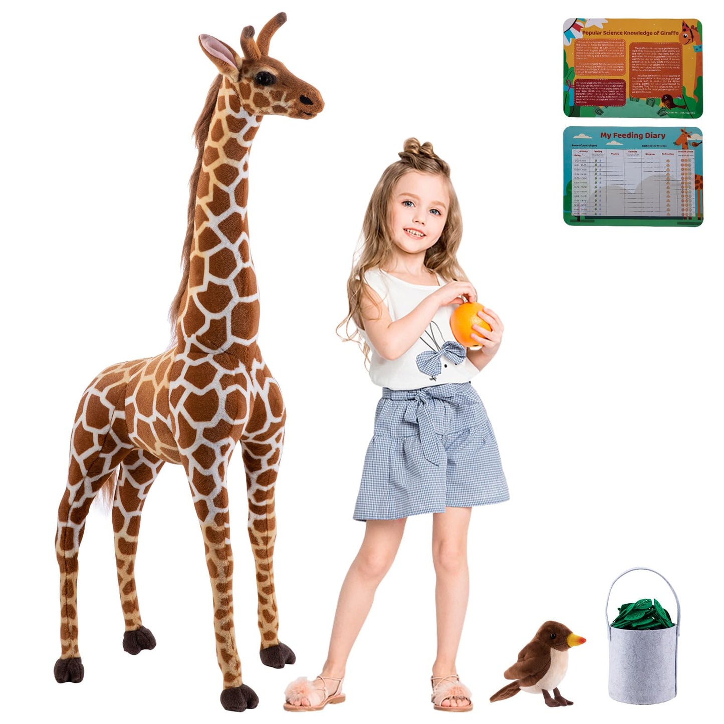 OHKIDS 47” Giant Giraffe Stuffed Animal Set – Tall Plush Giraffe with Bird, Leaves & Basket
