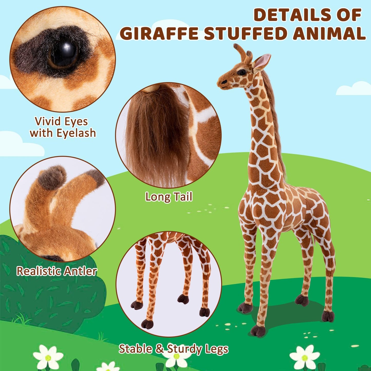 OHKIDS 47” Giant Giraffe Stuffed Animal Set – Tall Plush Giraffe with Bird, Leaves & Basket