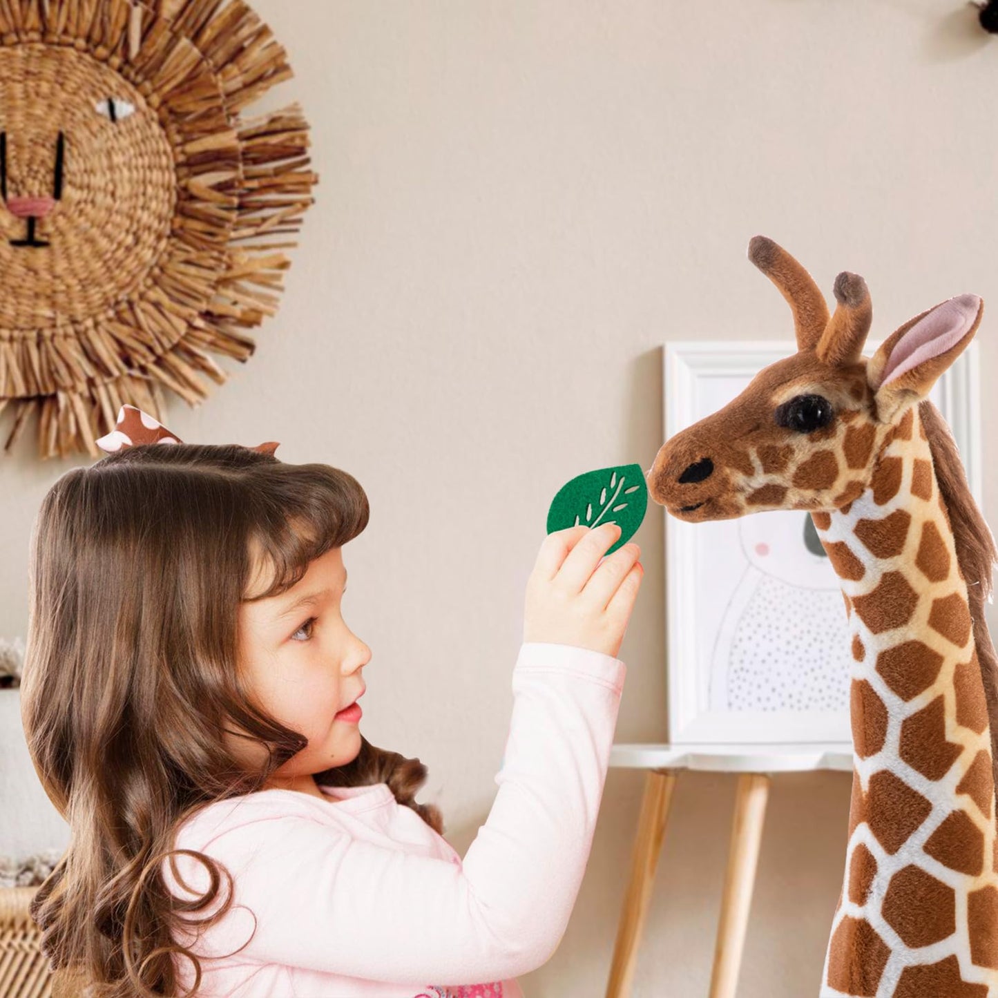 OHKIDS 47” Giant Giraffe Stuffed Animal Set – Tall Plush Giraffe with Bird, Leaves & Basket