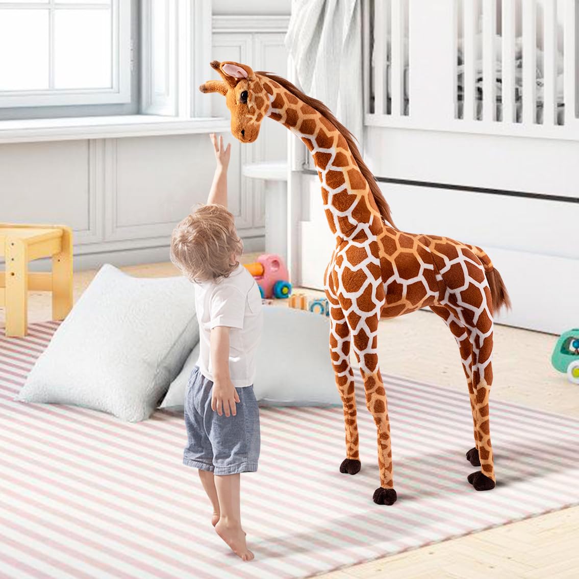 OHKIDS 47” Giant Giraffe Stuffed Animal Set – Tall Plush Giraffe with Bird, Leaves & Basket