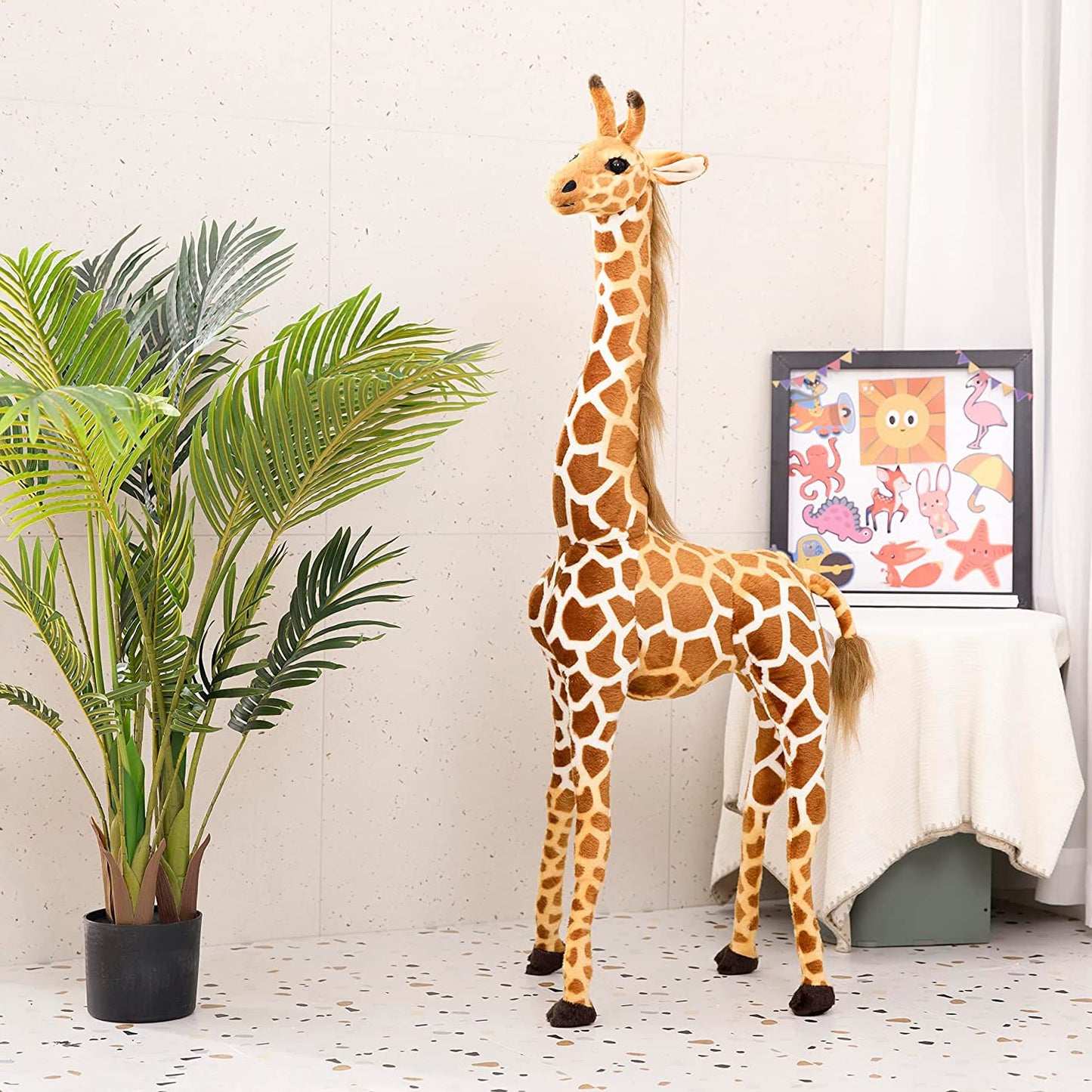 OHKIDS 47” Giant Giraffe Stuffed Animal Set – Tall Plush Giraffe with Bird, Leaves & Basket