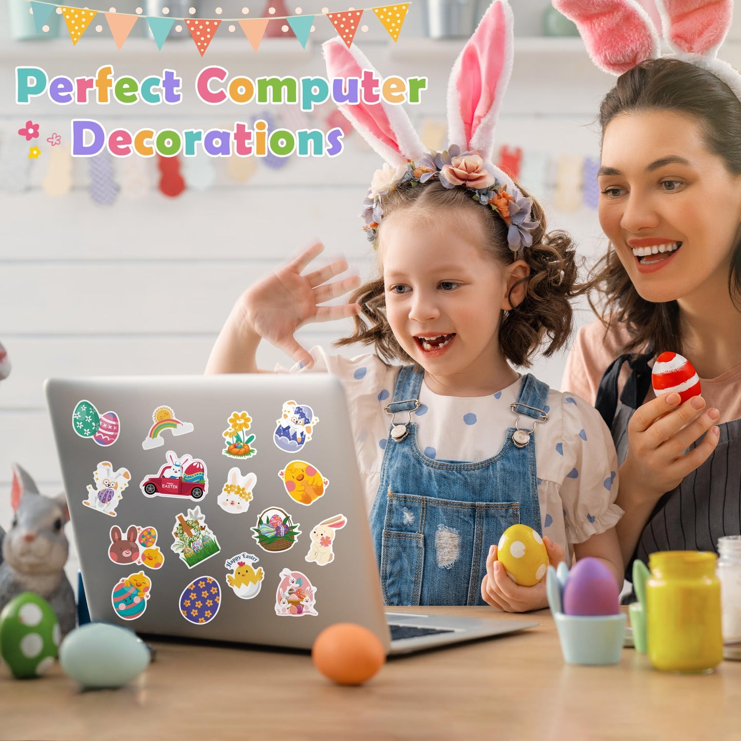 OHOME Easter Stickers – 120 Pcs Egg & Bunny Vinyl Stickers for Kids’ Crafts, Gifts & Party Favors