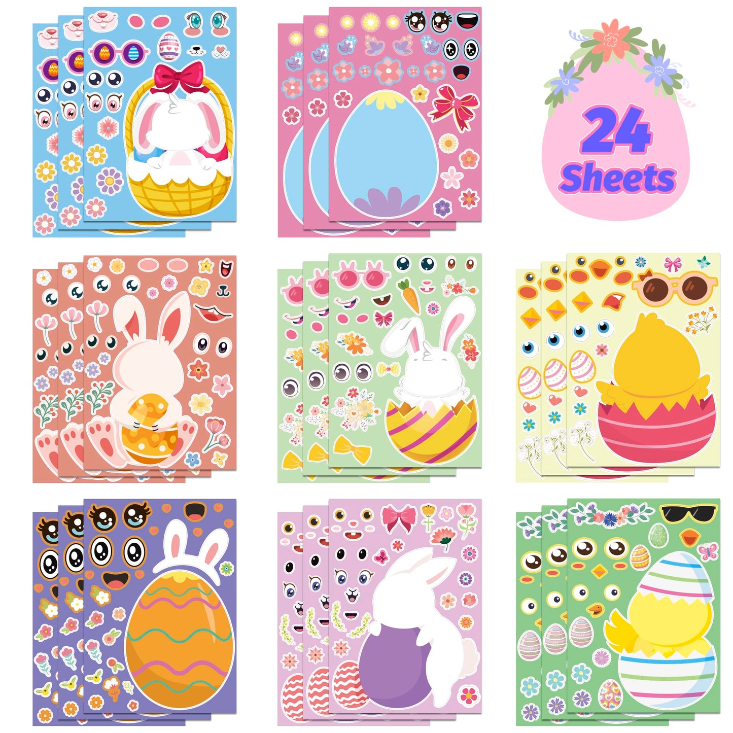 OHOME Easter Basket Stuffers | 24 Sheets Easter Sticker Set for Kids – DIY Bunny, Egg & Animal Stickers