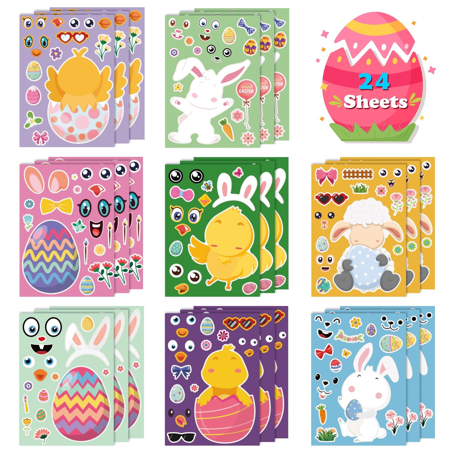 OHHOME Easter Sticker Crafts for Kids - 24 Sheets of Bunny & Egg Stickers