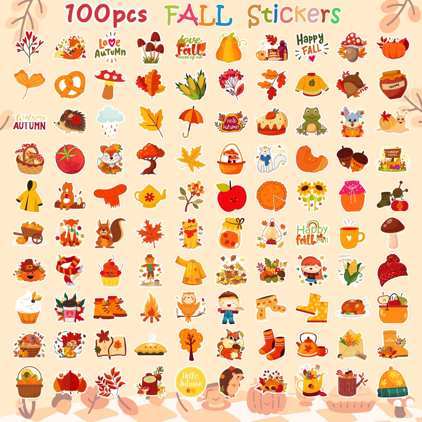 OHOME Fall Stickers | 100 PC Thanksgiving Vinyl Stickers for Kids, Crafts & Friendsgiving