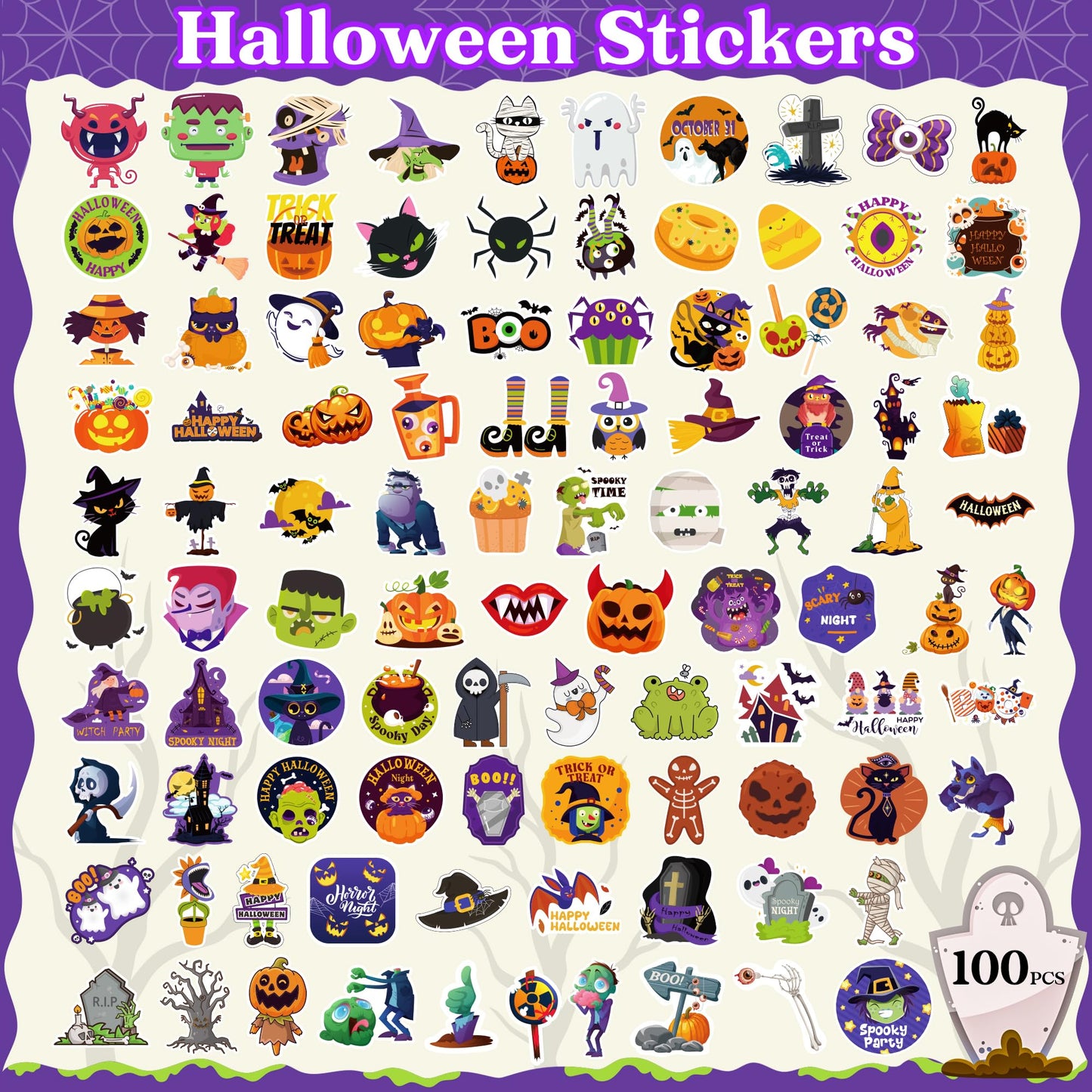OHOME Halloween Stickers – 100 Pcs Party Favors & Craft Decorations