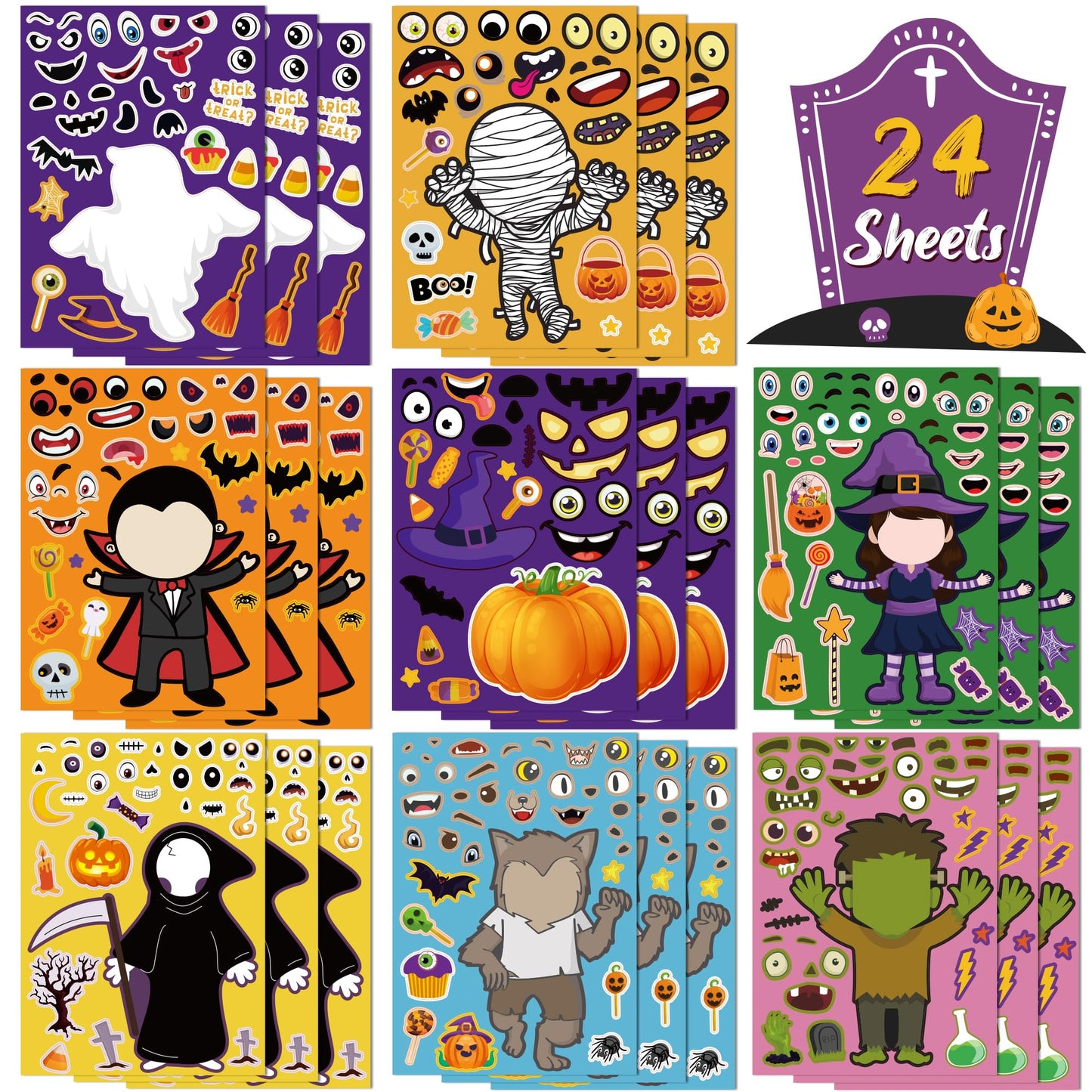 OHOME Halloween Party Favors – 24 Sheets of DIY Kids Stickers (8 Designs)