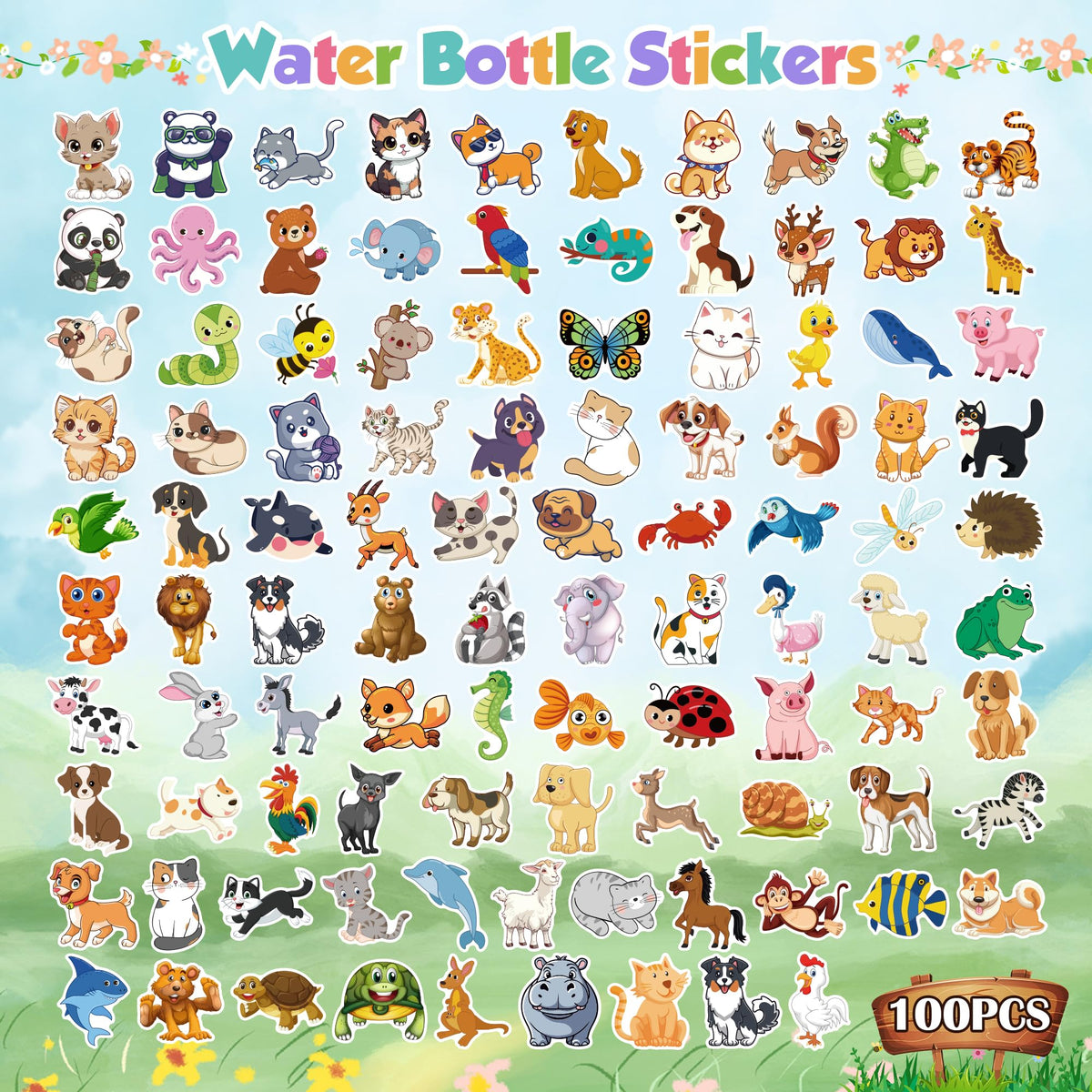 OHOME 100 PCS Water Bottle Stickers – Cute Animal Kawaii Pack for Kids