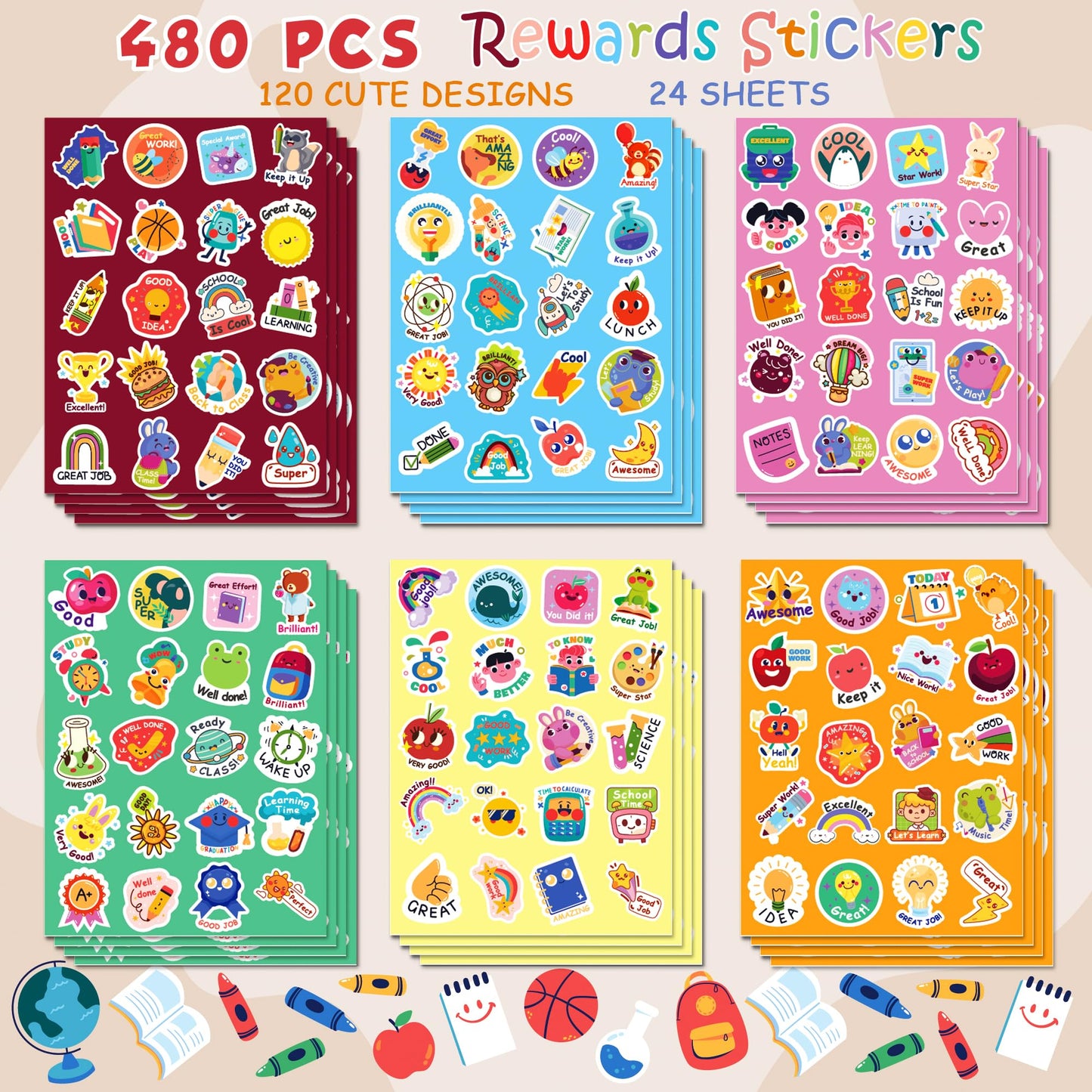 OHOME 480 Pcs Vinyl Teacher Reward Stickers – Motivational Classroom Supplies