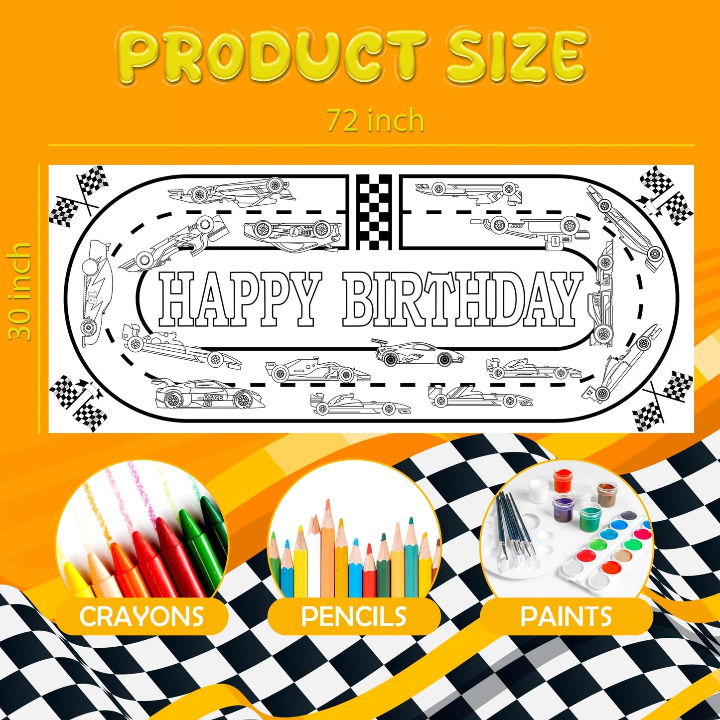 OHOME Race Car Giant Coloring Poster Tablecloth – 30 x 72 in Birthday Party Decor