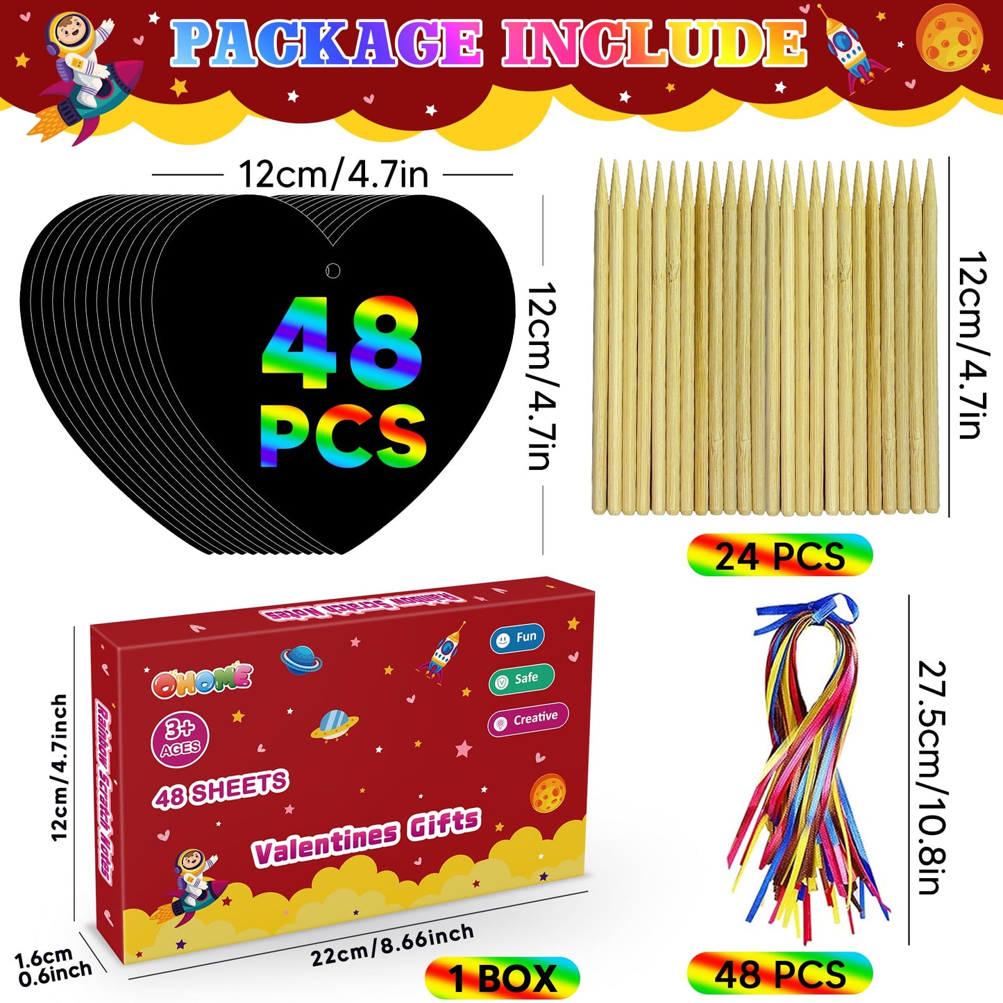 OHOME Valentines Day Crafts for Kids – 48-Piece Rainbow Scratch Paper Cards Set for School & Home