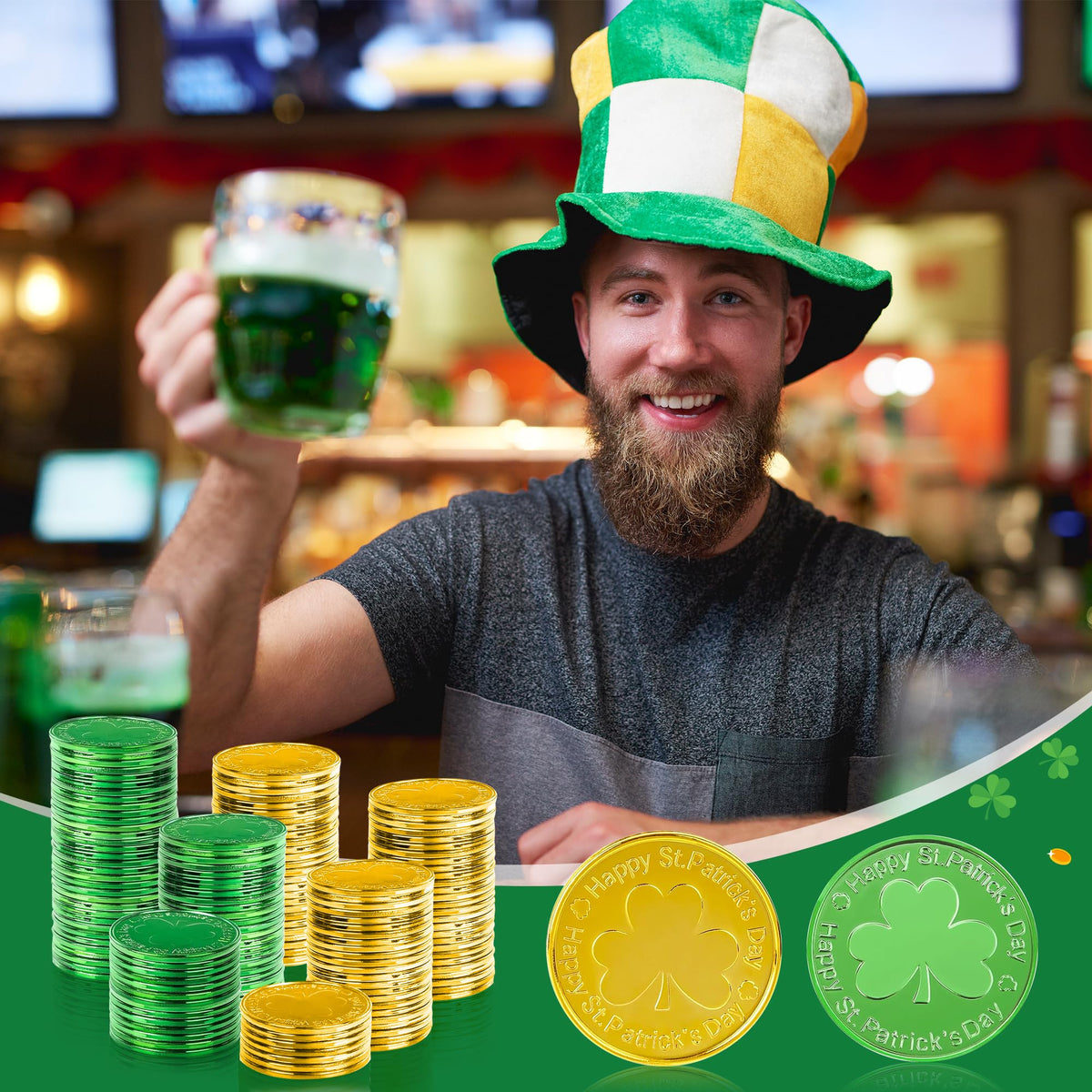 OHOME Gold Shamrock Coins – 120 Pieces | St Patrick's Day Decor & Party Favors (Green & Gold)