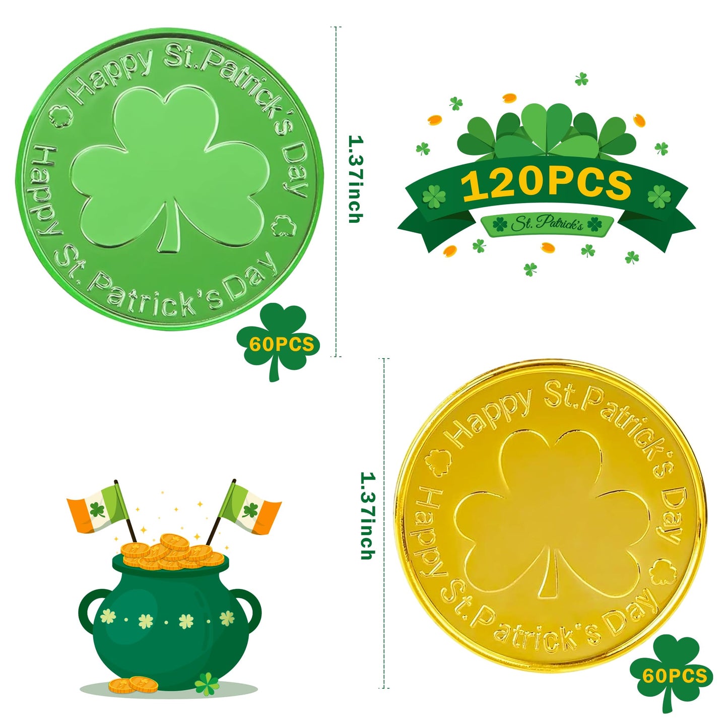 OHOME Gold Shamrock Coins – 120 Pieces | St Patrick's Day Decor & Party Favors (Green & Gold)