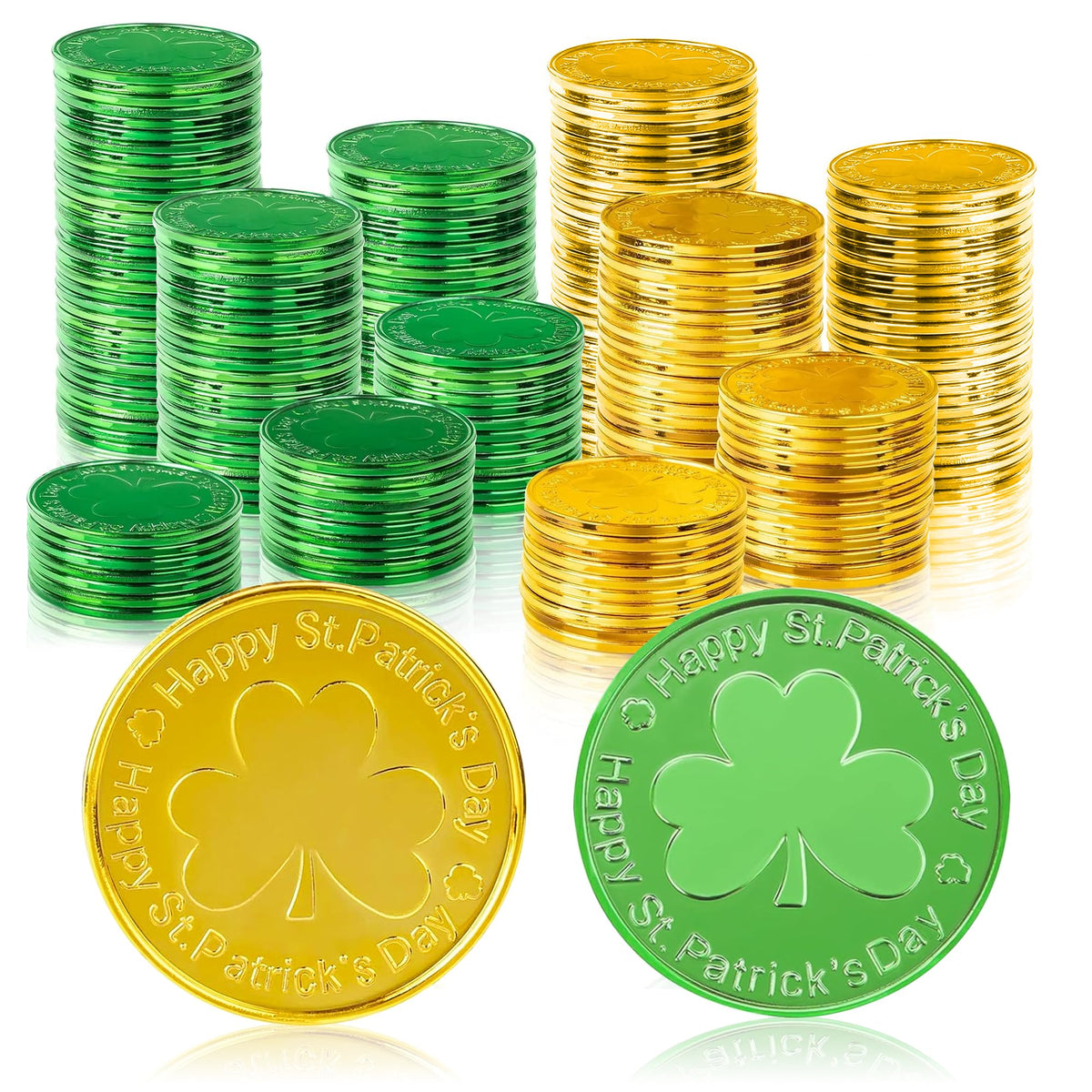 OHOME Gold Shamrock Coins – 120 Pieces | St Patrick's Day Decor & Party Favors (Green & Gold)