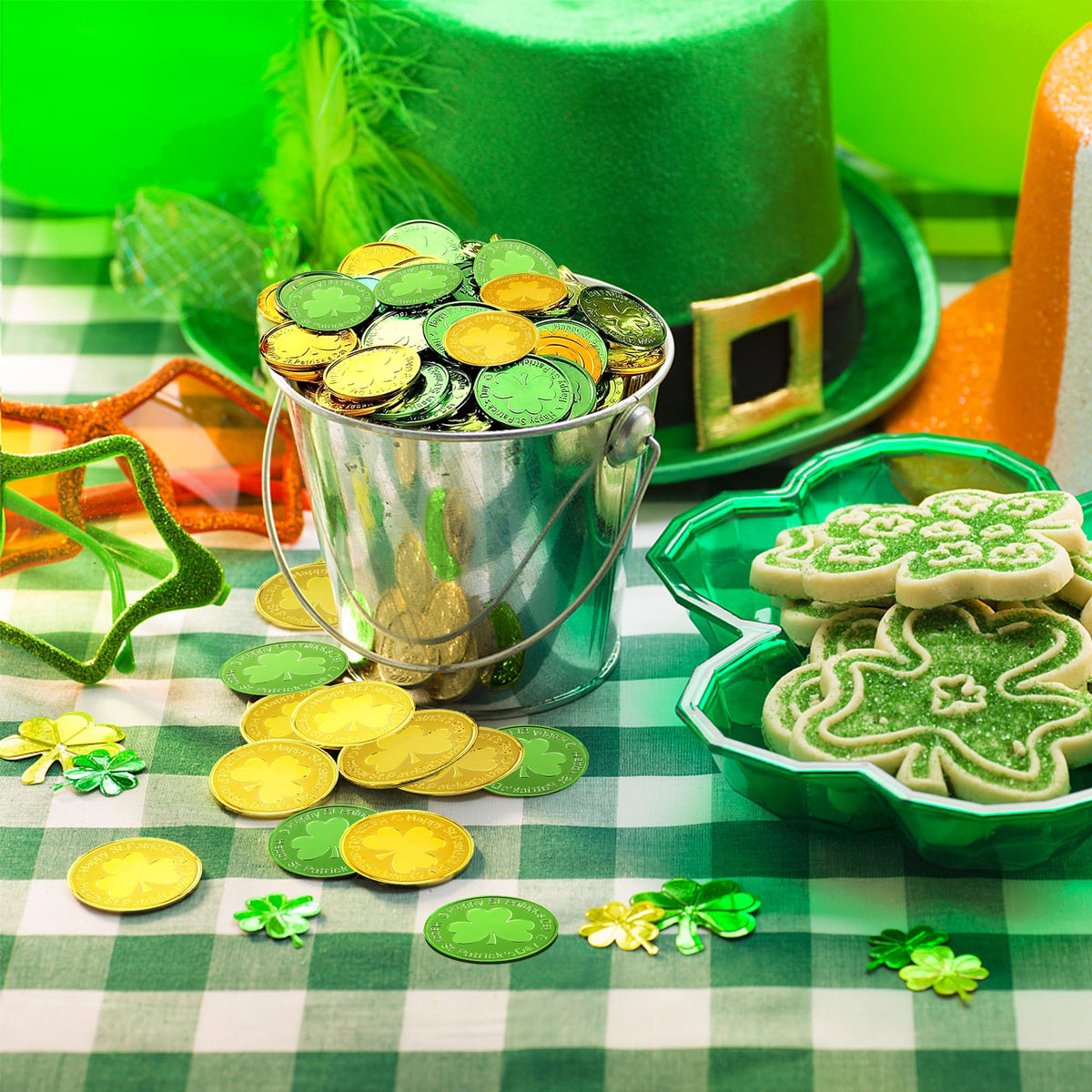OHOME Gold Shamrock Coins – 120 Pieces | St Patrick's Day Decor & Party Favors (Green & Gold)