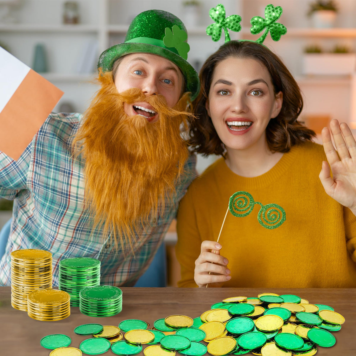 OHOME Gold Shamrock Coins – 120 Pieces | St Patrick's Day Decor & Party Favors (Green & Gold)
