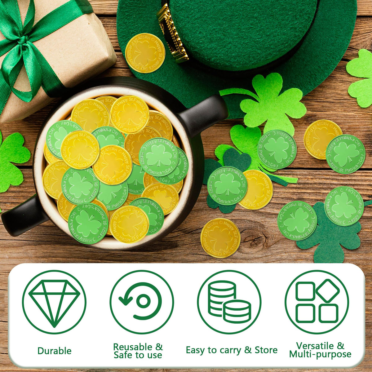 OHOME Gold Shamrock Coins – 120 Pieces | St Patrick's Day Decor & Party Favors (Green & Gold)