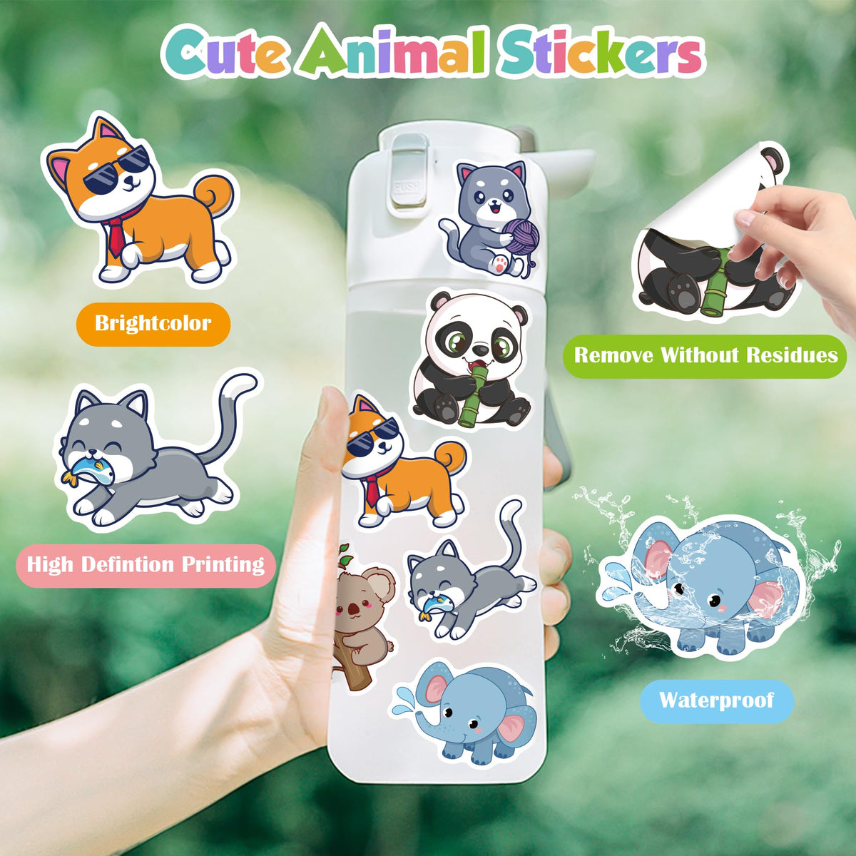 OHOME 100 PCS Water Bottle Stickers – Cute Animal Kawaii Pack for Kids