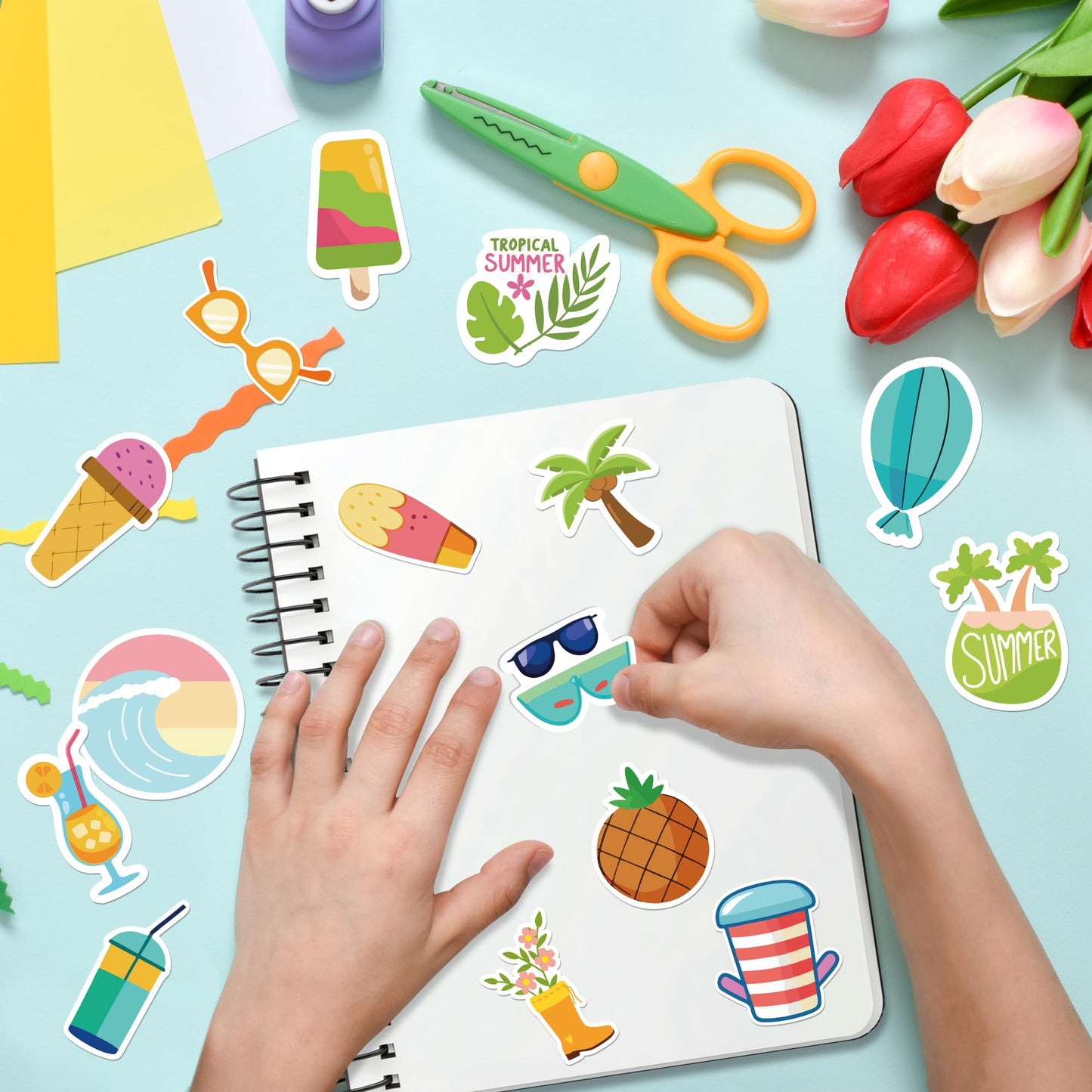 OHOME Summer Stickers | 100 Pcs Hawaiian Beach Vinyl Stickers for Kids & Adults | Tropical Crafts & Party Favors